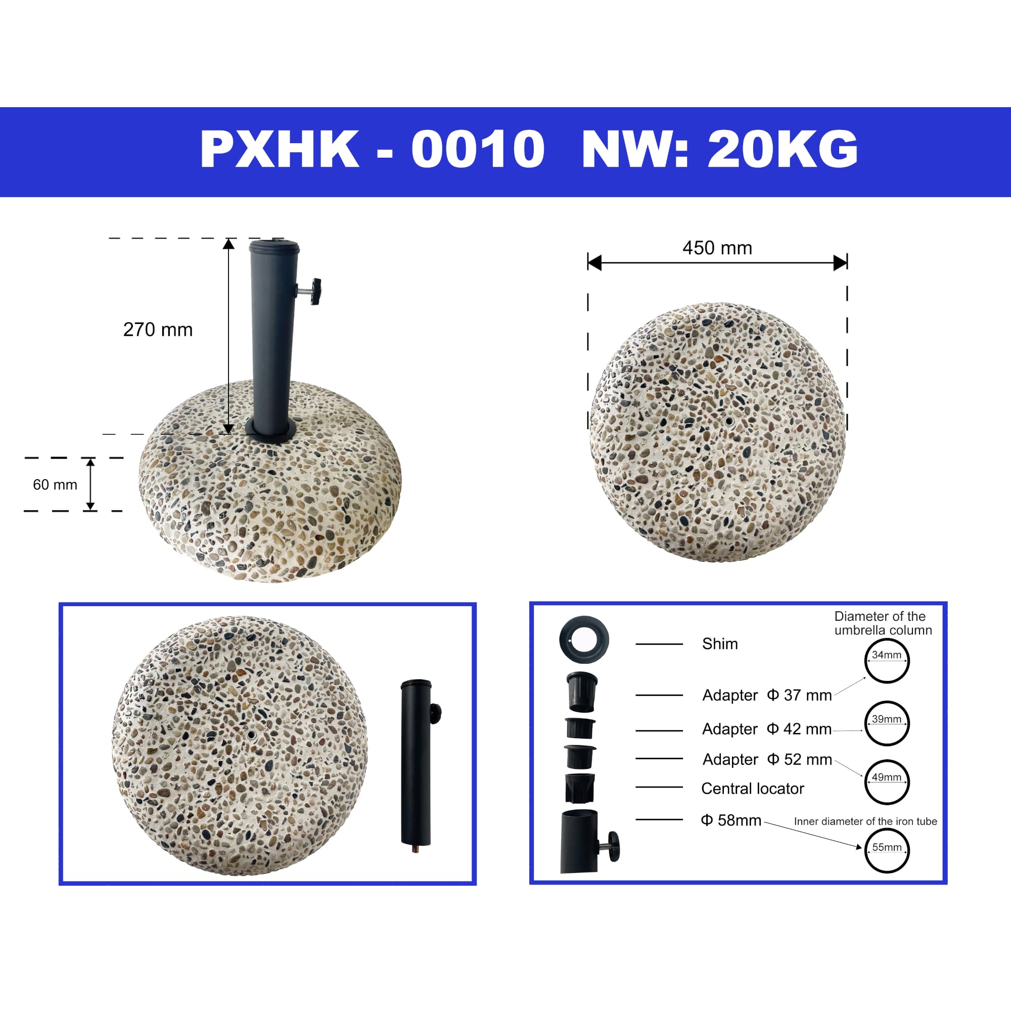 casa.pro Pied de Parasol Rond avec Adaptateurs 37 42 52 58 mm Fixation Facile Couche de Protection Résistant aux Intempéries Béton Fer Plastique 45 x 6 cm Aspect Pierre