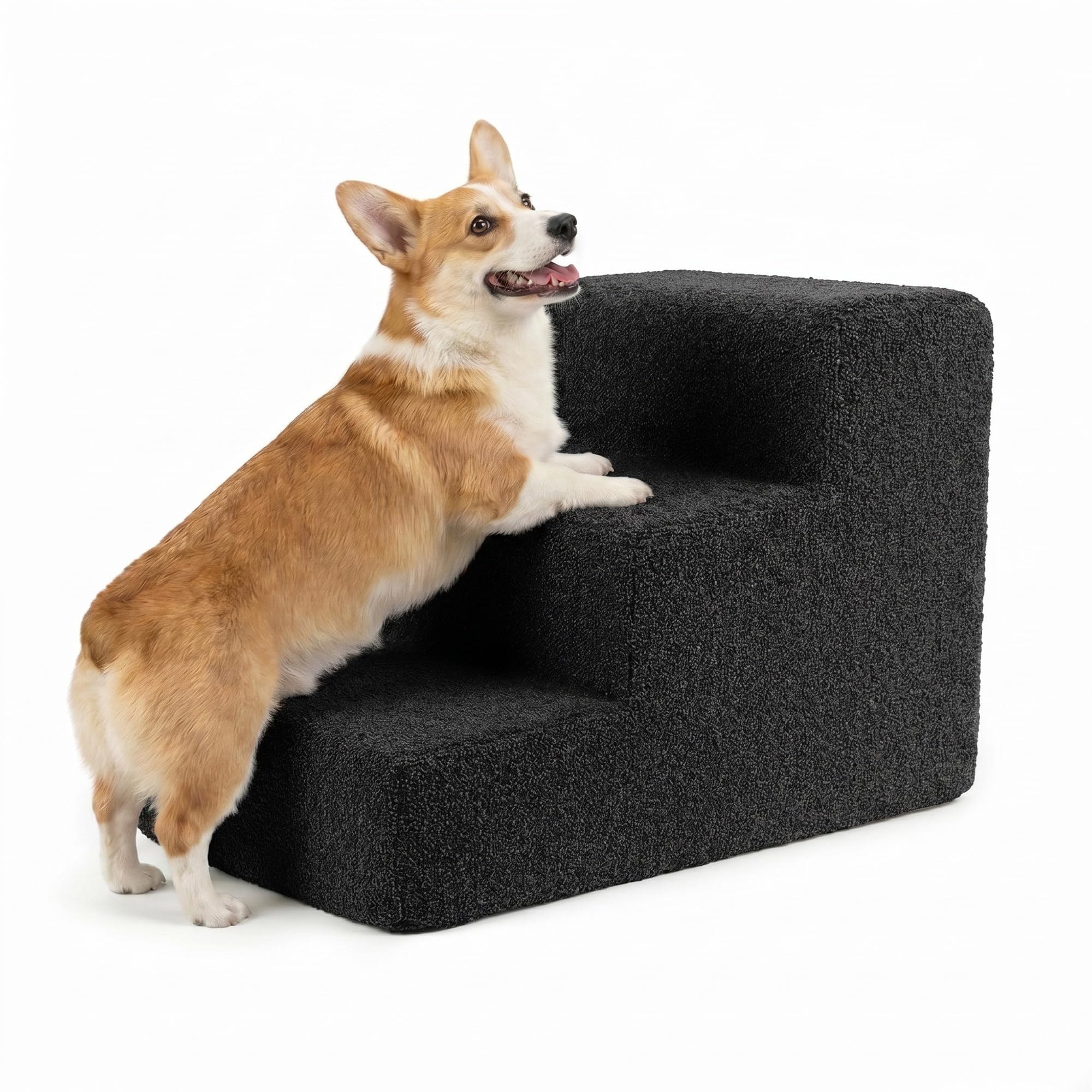 murando Escalera para Perros de 3 Etapas - Rampa de 30 cm de Altura para Cama y Sofá - Peldaños para Mascotas, Perros y Gatos - Espuma de Alta Densidad, Antideslizante - Material de Bouclé - Negro
