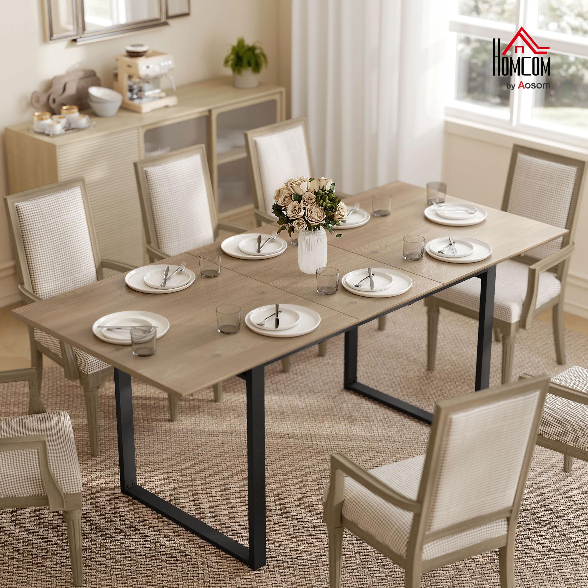 HOMCOM Tavolo da Pranzo Allungabile per 6-8 Persone con Pannelli Rimovibili, 140-180cm Tavolo Allungabile Rettangolare con Base in Acciaio, Stile Industriale, per Sala da Pranzo Soggiorno, Color Legno