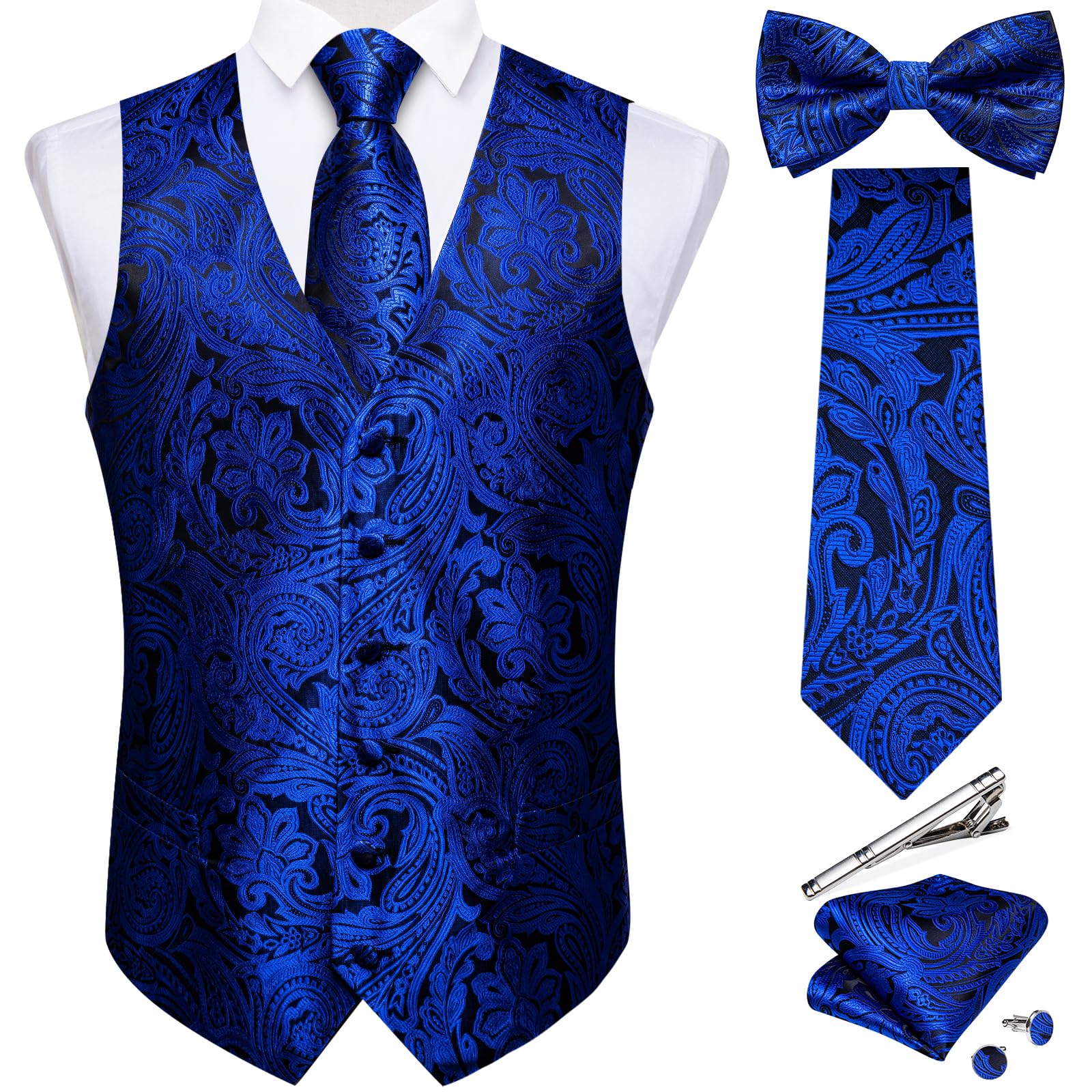 Photo 1 of DiBanGu Men's Paisley Vest Set Royal Blue Silk