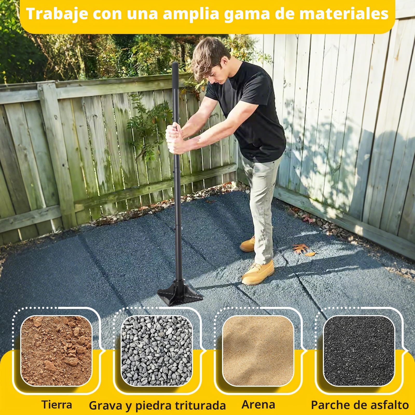Machacador de acero de 20,32 x 20,32 cm con mango de 145 cm, apisonador manual para jardín, compactador de suelo para nivelación, montaje en suelo, reparación de adoquines