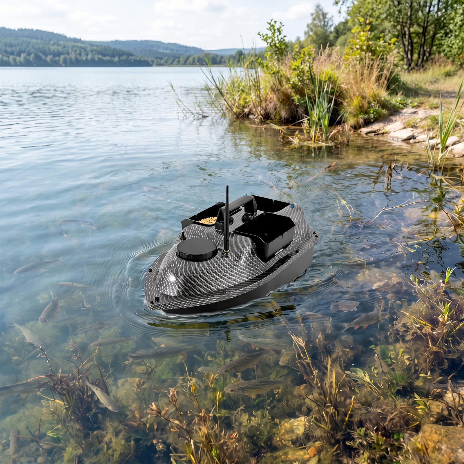 Barco de cebo GPS, 500 m, motor dual, 2 x 5200 mAh, LED | ABS, arenado, 2 x 390,52 W, 5,91 ft/s, 16 puntos, 4,4 libras, 90 min, autocorrección, sin conexión, retorno, luz nocturna