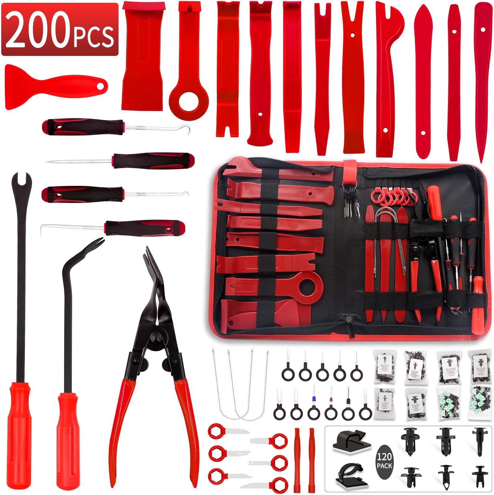 Wetado Trim Tools Auto Removal Kit, 200Pcs Car Trim Puller Tool Kit, Plastic Pry Tools Set for Trim/Panel/Door/Audio, Auto Clip Pliers/Fastener Remover/Terminal Removal Tool Kit (Dark Red-200PCS)