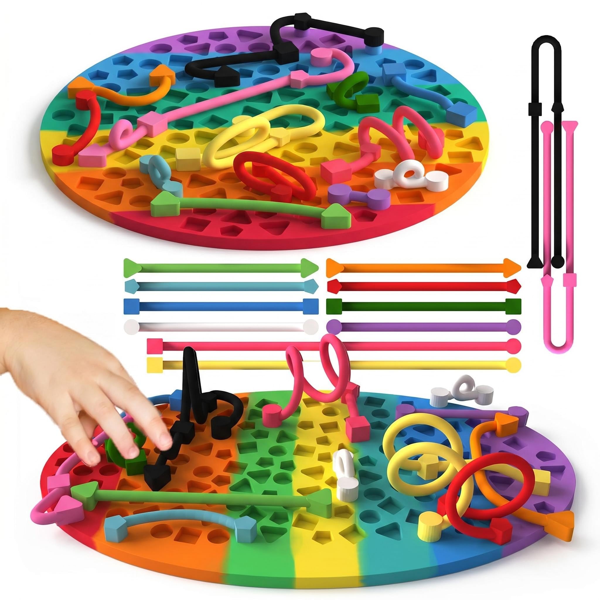 Copbopwn Sensory Activity Board for Toddlers Silicone Fidget Toy Bags and 12 Flexible Strands Quiet Travel Busy Board for Anxiety Relief Calming Classroom Toy Travel Car Airplane