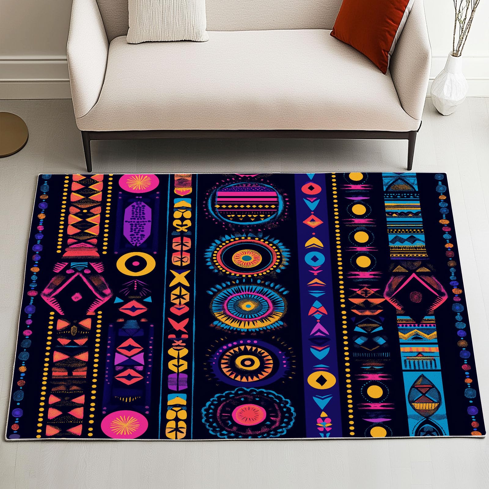 Vyvyopj Colorful Abstract Geometric Rug 6x9, Large Throw Rugs, Vintage Ethnic Tribal Area Rug for Bedroom, Neon Boho Art Aesthetic Carpet Low Pile,