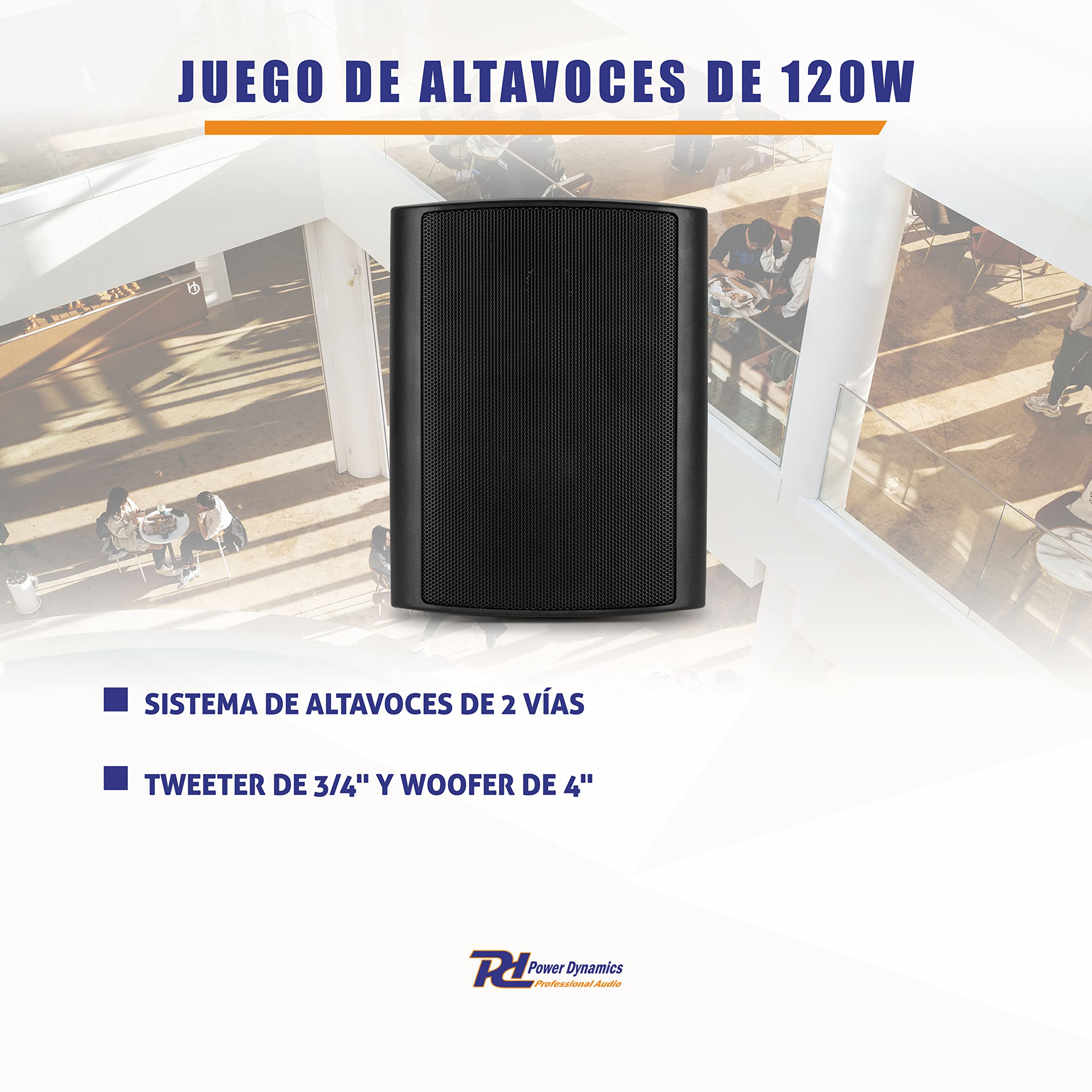 Power Dynamics BGO40 - Juego de 2 altavoces 100w - Altavoz de pared de 2 vías para interior y exterior para montaje fijo en pared o techo - Juego de cajas acusticas para hogar, terrazas, bares - Negro