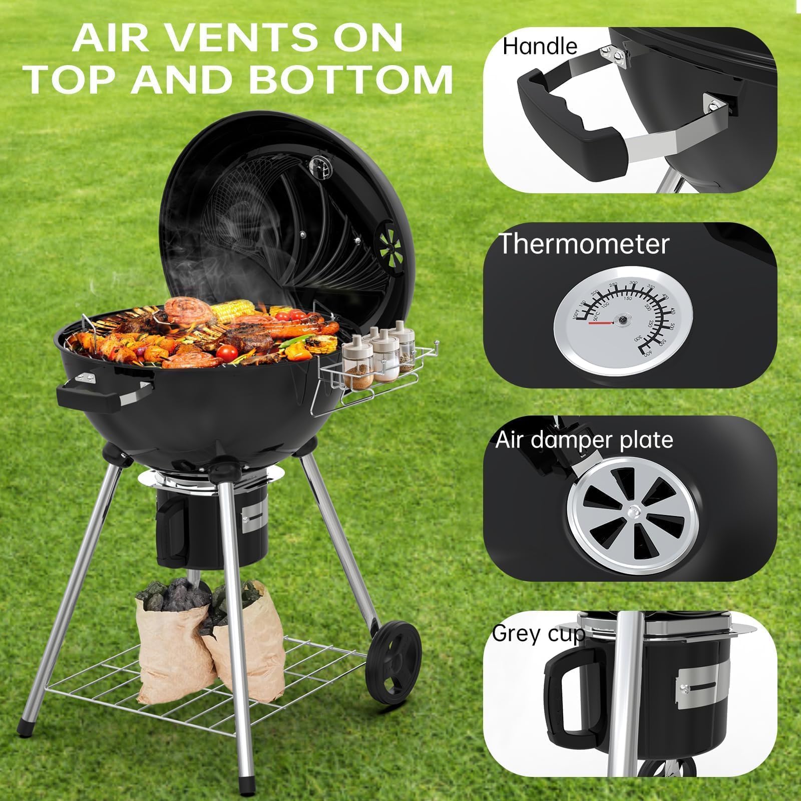 TEENO Barbecue Charbon de Bois 21 Inch Compact Kettle Round XXXL Grande Taille Ronde Portable Amovible Convient à 10-20 Personnes 105.5x71x83cm
