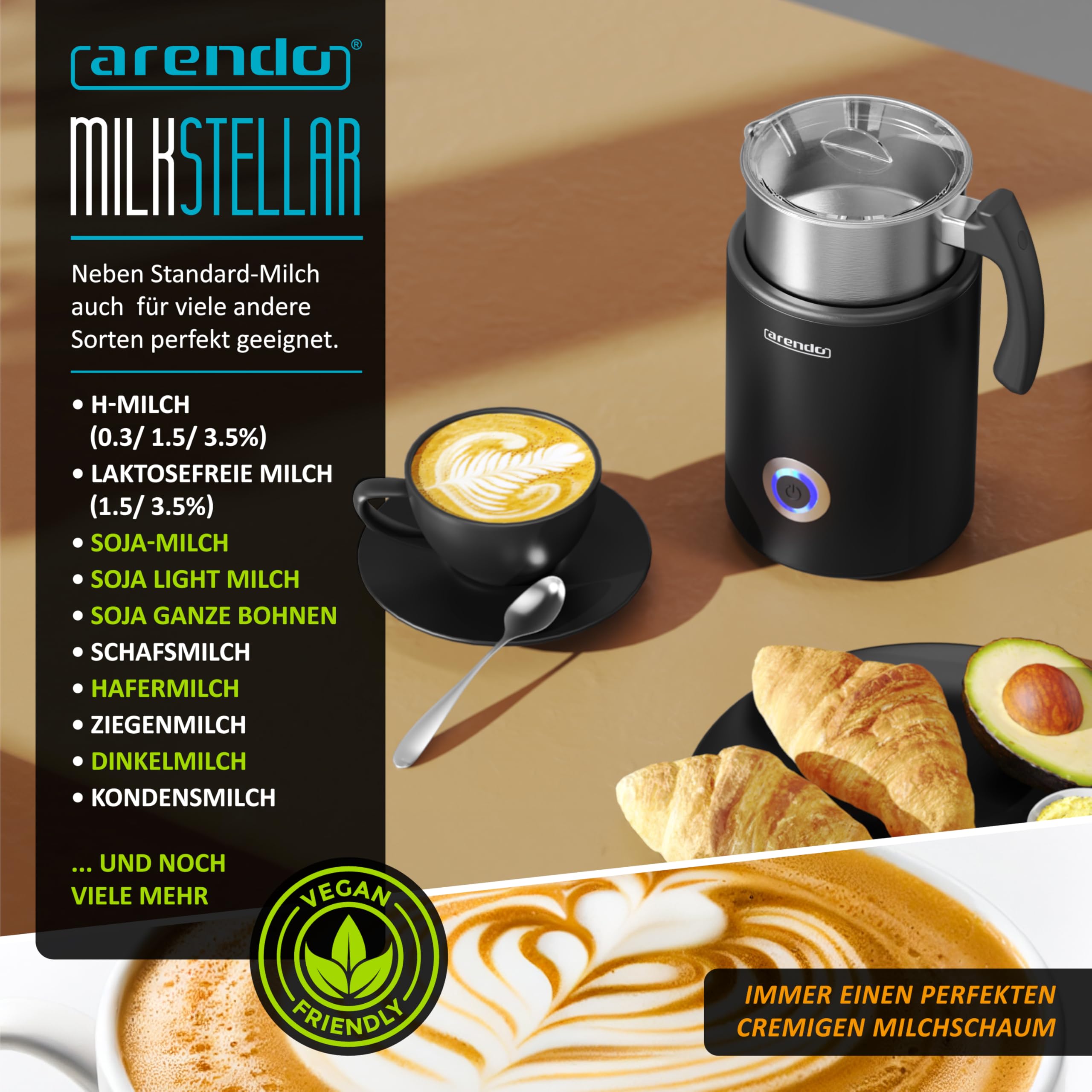 Arendo - Milchaufschäumer Induktion - elektrisch 500 W – 3 Programme – heiß und kalt aufschäumen – 250 ml Aufschäumen – 500 ml Erhitzen – Antihaftbeschichtung – Cappucino/Latte Macciato
