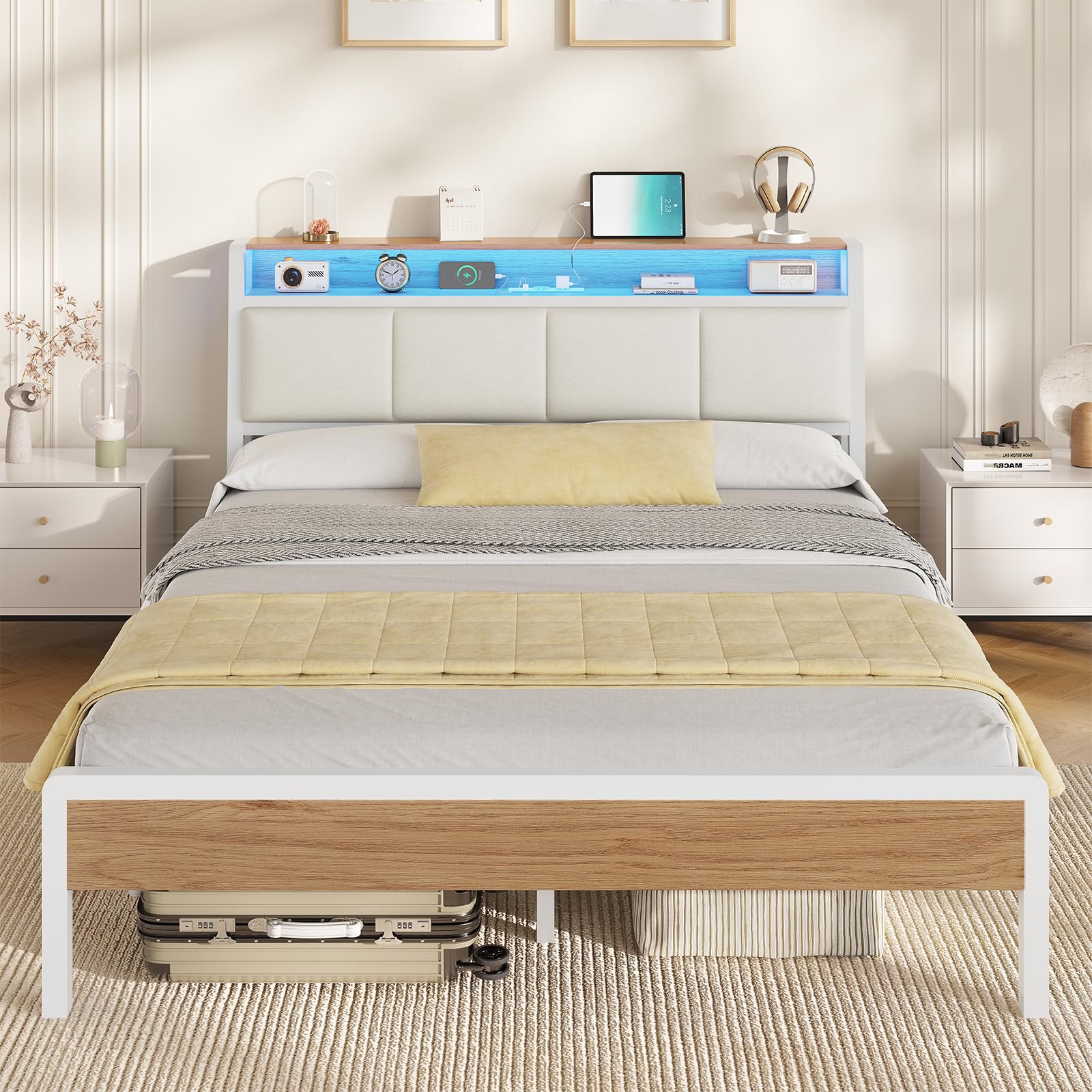 KIMENICH Bett 160 x 200, Bett mit LED-Beleuchtung, Polsterbett 160x200, Ladestation, Bettgestell mit Lattenrost, für Schlafzimmer, Gästezimmer