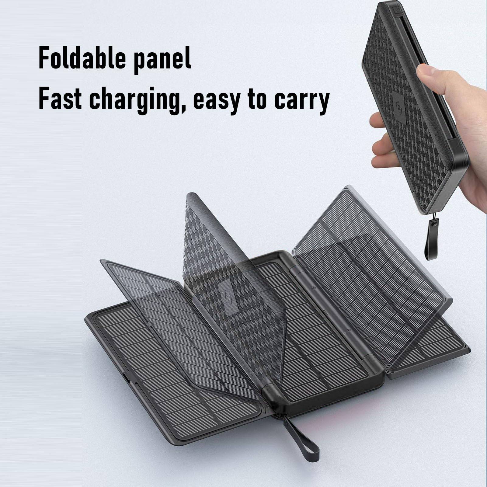 Fockety Caricabatterie Solare Power Bank, 10000mAh Solar Power Bank UPS 3 Pannelli Solari Pieghevoli Ingresso USB C Uscita PD20W Caricatore Portatile a Ricarica Rapida con Luce SOS per
