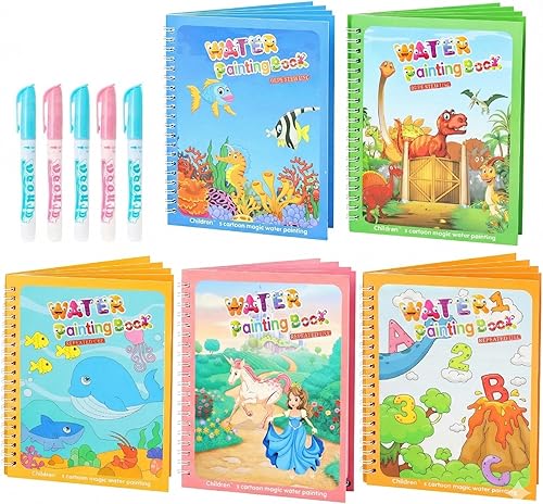 Paquete de 5 libros de colorear de agua reutilizables para niños pequeños, juguetes de libros de garabatos de agua, pintura con libros de agua,