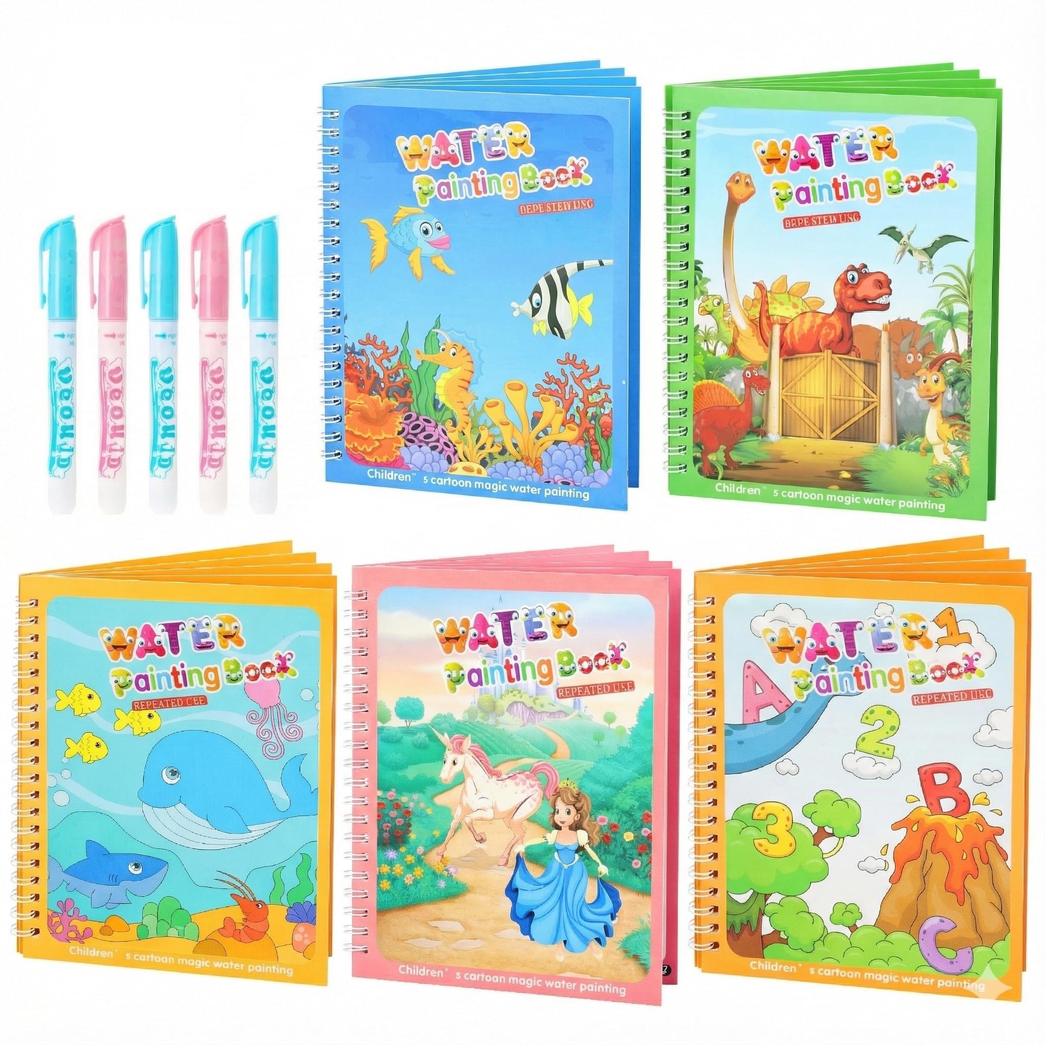 5 Pack Reusable Water Coloring Book for Toddlers, Water Doodle Book Toys, Paint with Water Books,Mess-Free Coloring Book, Portable Educational Doodle Drawing Toy,Educational Learning Kits Gifts