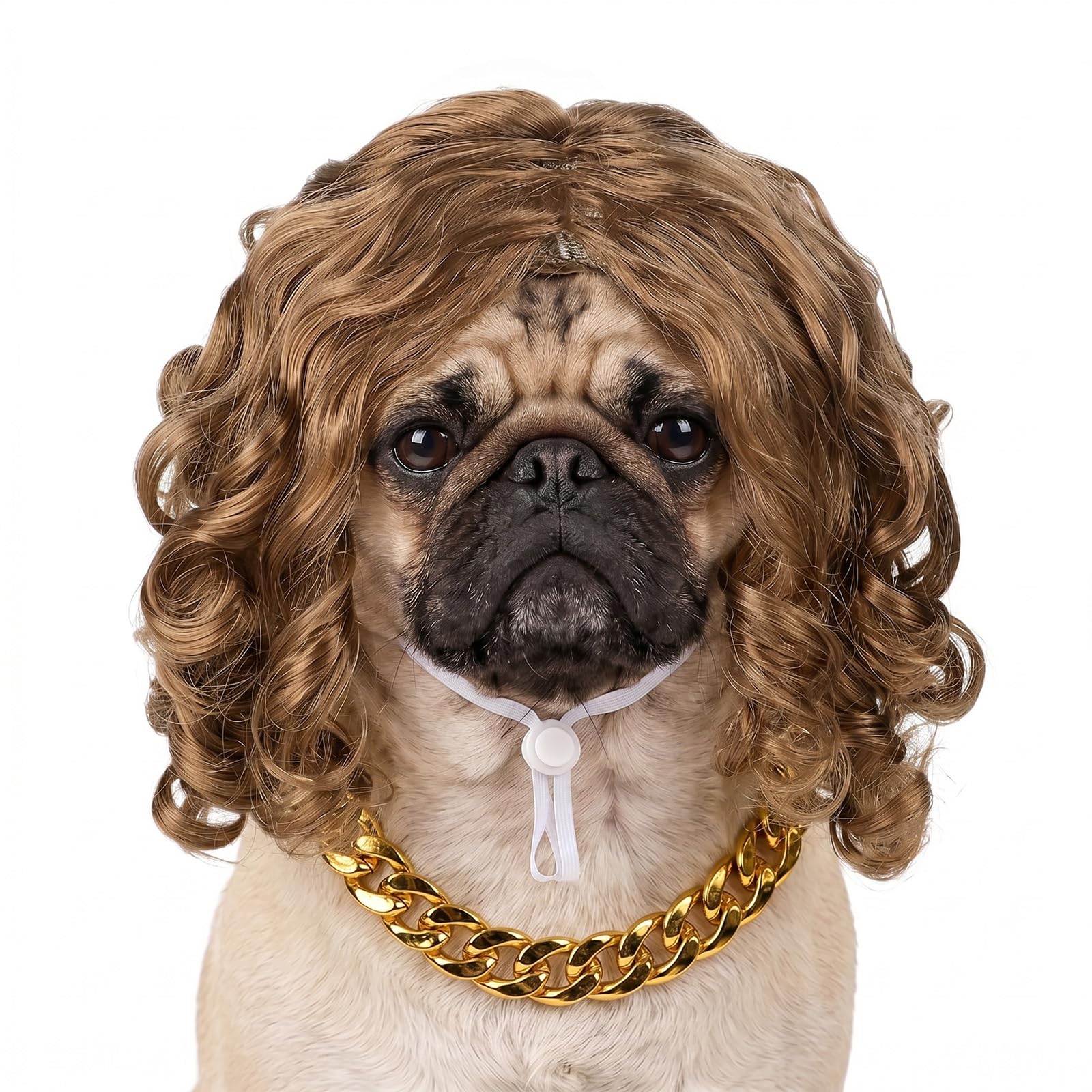 2-Piece Funny Pet Costume Set Brown Judge Wig with Wild Spiky Hair & Gold Bling Necklace for Small Dogs Cats, Adjustable Halloween Carnival Party Dress Up Accessories