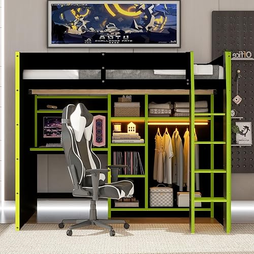 Miniatura 37 de Cama loft de madera para juegos de tamaño matrimonial con escritorio para computadora y luces RGB, cama para juegos, armario abierto integrado y
