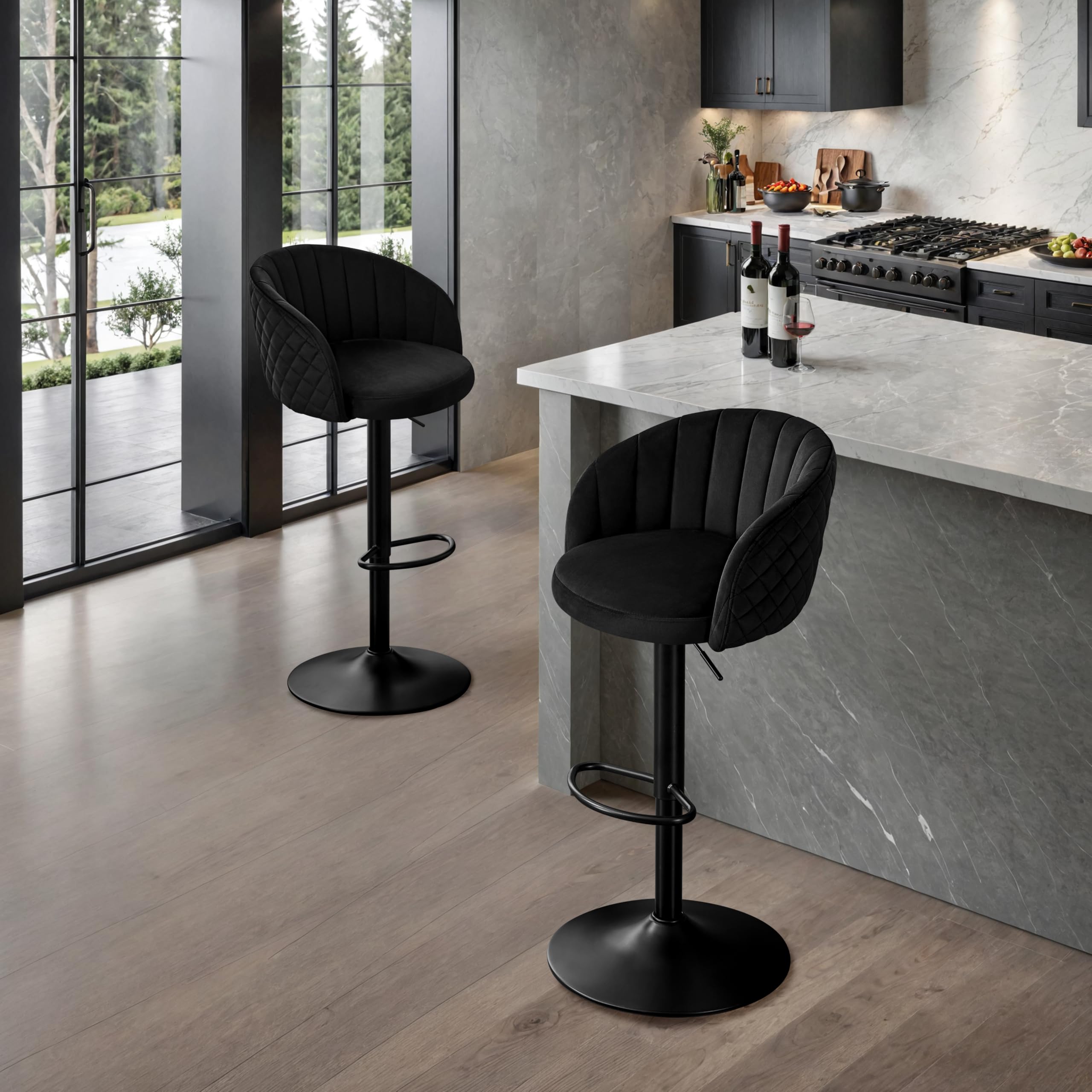 STOOLINK Taburete de Bar Juego de 2, Silla de Bar con Tela Terciopelo de Leche Altura Ajustable, Taburetes Cocina con Respaldo y Reposabrazos, Silla de Bar Rotación de 360°, Taburete Alto 150kg-Negro
