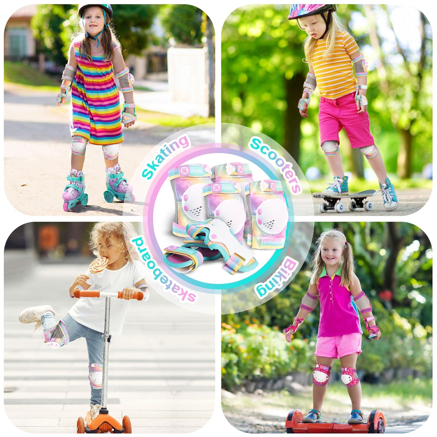 SULIFEEL Rainbow Unicorn Knee Pads for Kids Knee Elbow Pads Wrist Guards with Drawstring Bag Adjustable Protective Gear Set for Girls Roller Skating Bike Cycling Skateboard Scooter Dazzling Small - Image 6