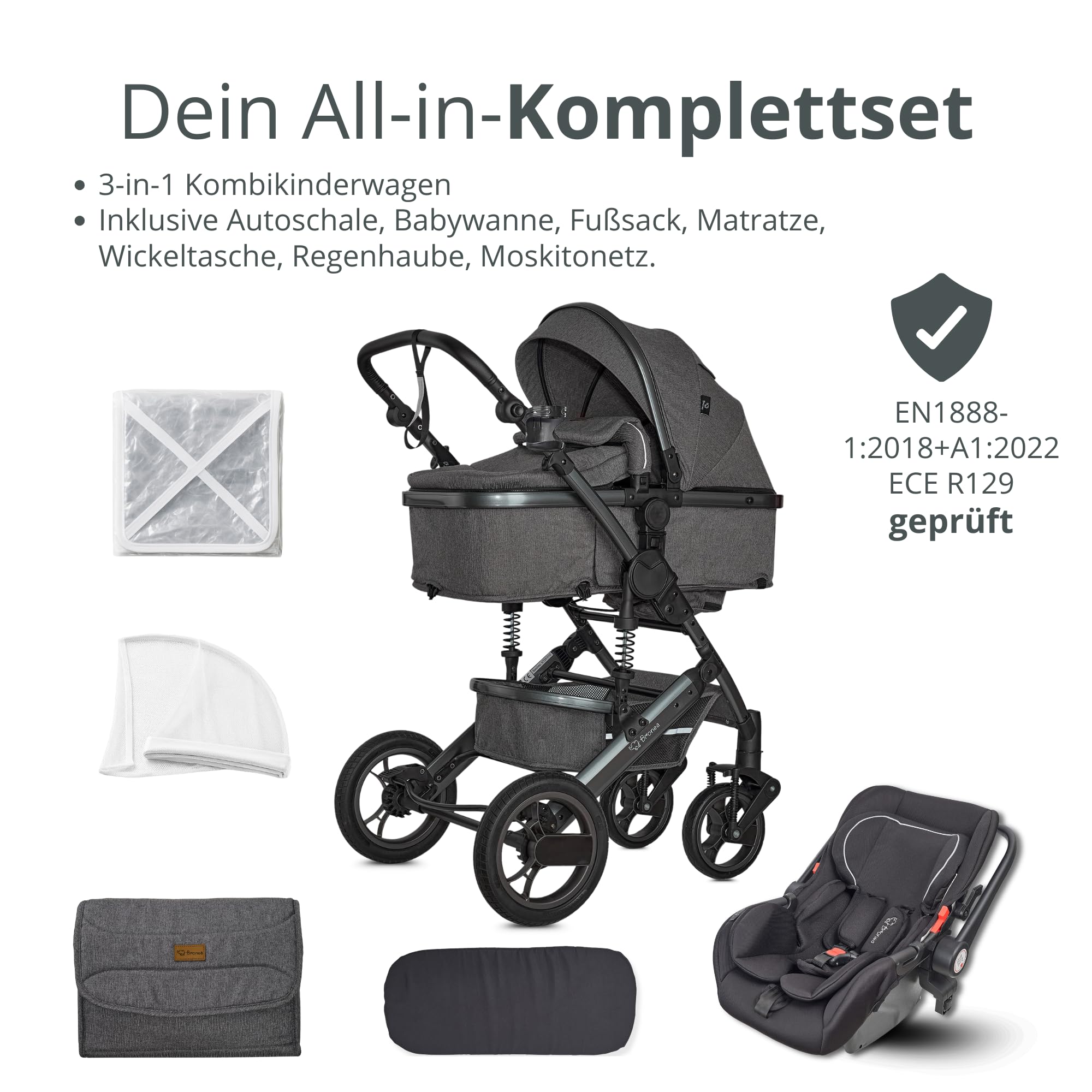 EXQUISE 2.0 Kinderwagen 3-in-1 Komplettset Inkl. Auto-Babyschale, Babywanne | Buggy, Zusammenklappbar, Wickeltasche, Regenschutz, Mücken- & Sonnenschutz (Grau-Grau)