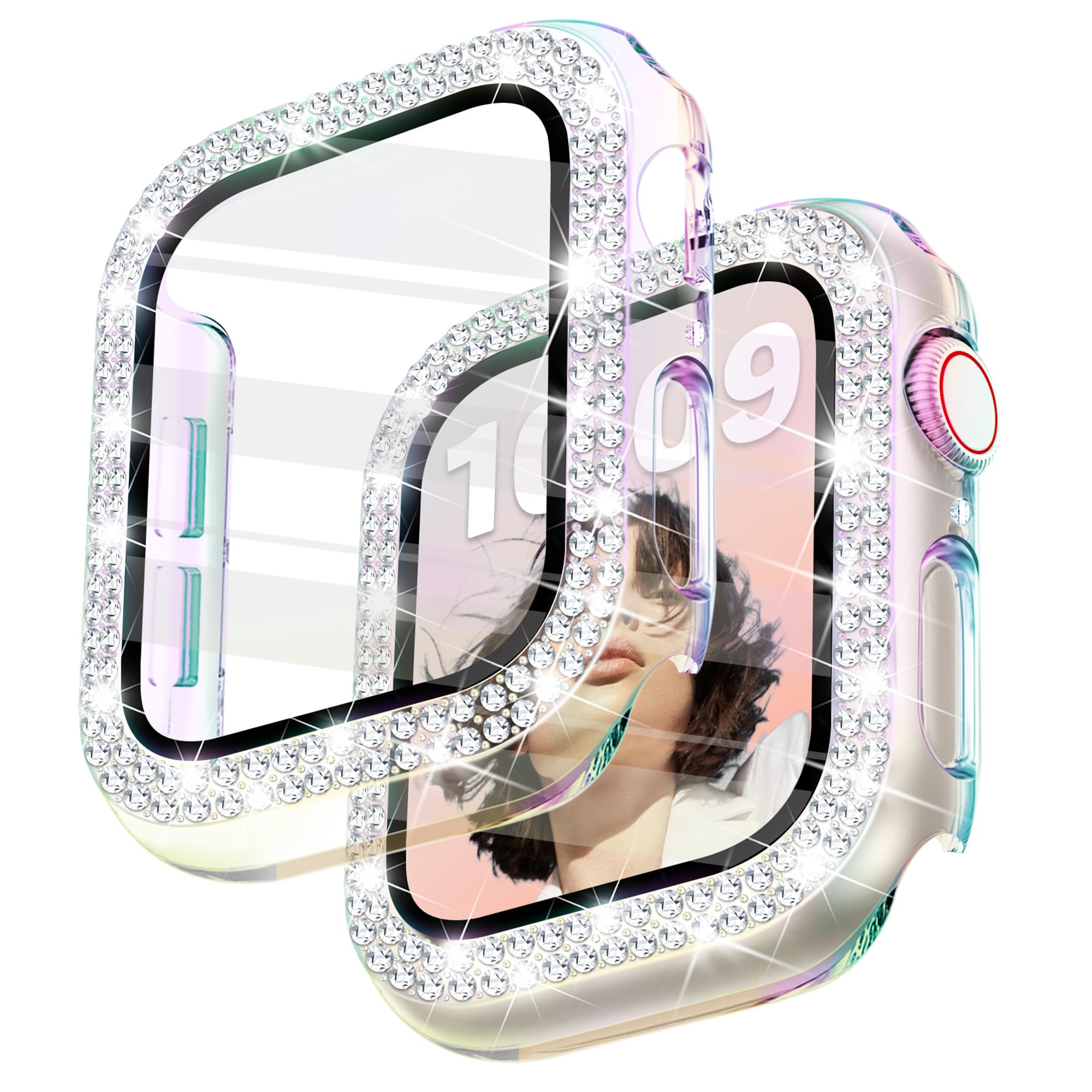 Newlibery Bling Case with HD Screen Protector Women Compatible with Apple Watch 45mm Diamond Protective Face Cover PC Frame Protector for iWatch
