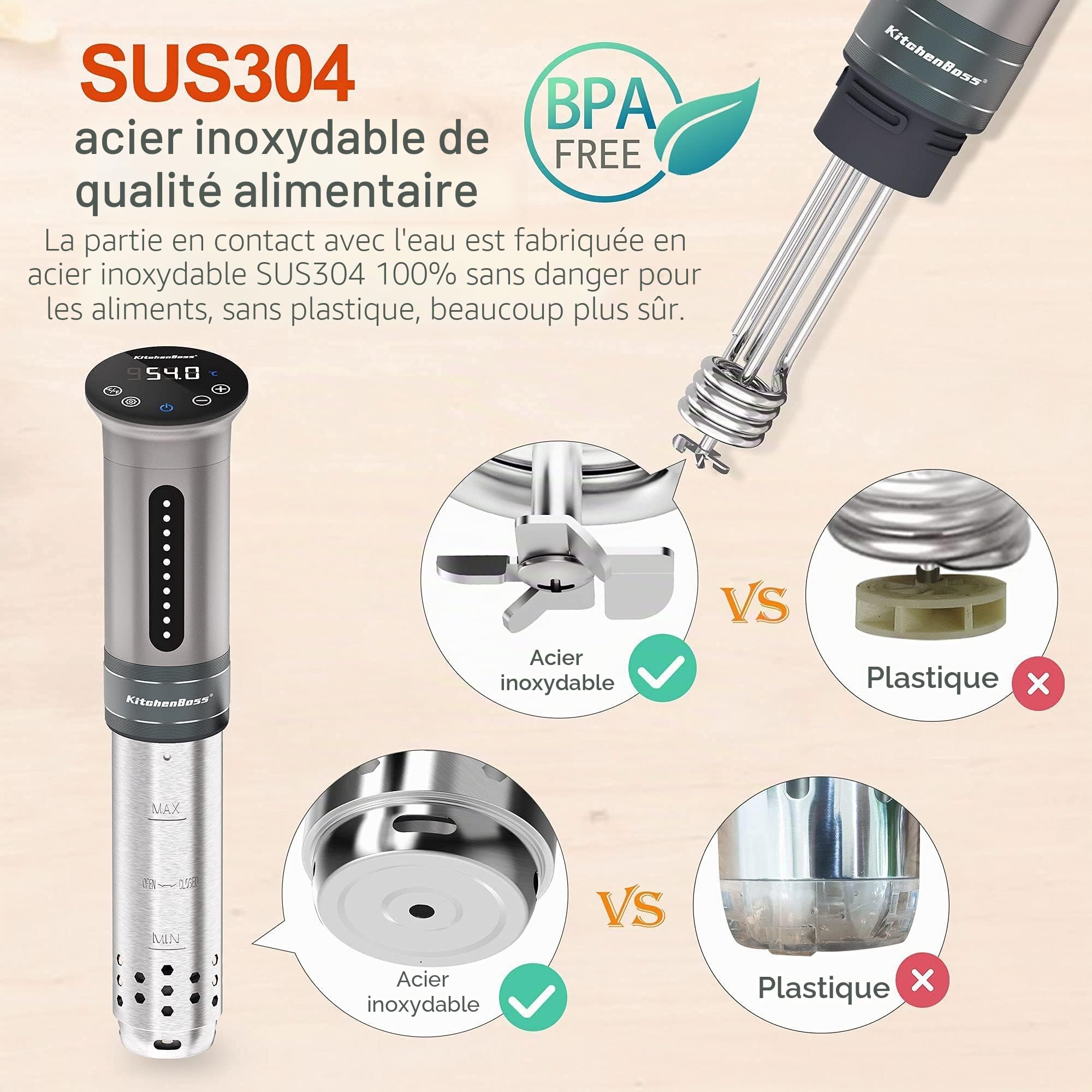 KitchenBoss Sous Vide Roner Cuisine Basse Température 1100W Immersion étanche IPX7 Circulateurs Contrôle de Température de Précision