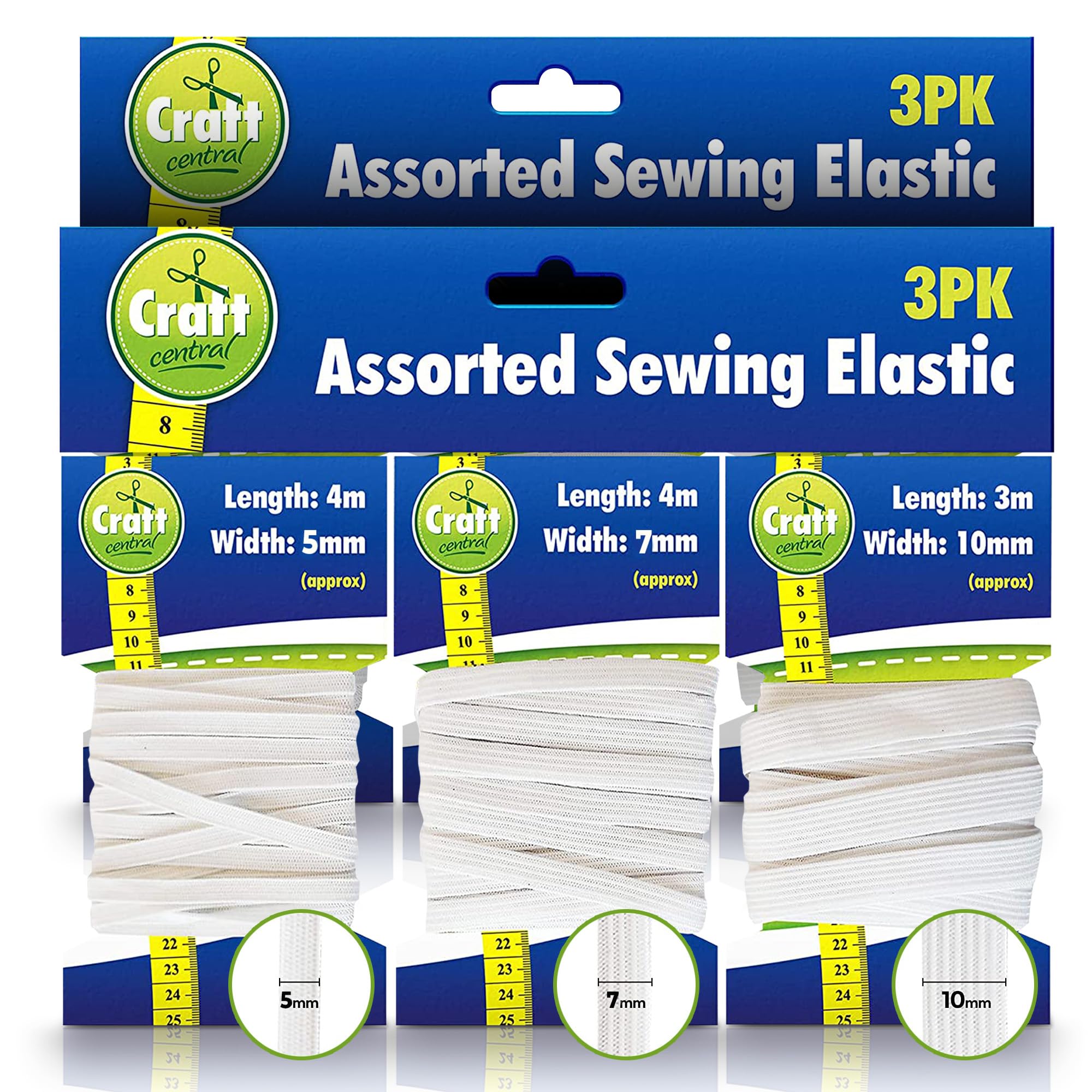 22 Meters Flat Elastic Band | 3pk of 5mm, 7mm and 10mm Elastic Ribbon | Wide Elastic for Sewing, Knitting, DIY Arts and Crafts and Clothing by Craft Central