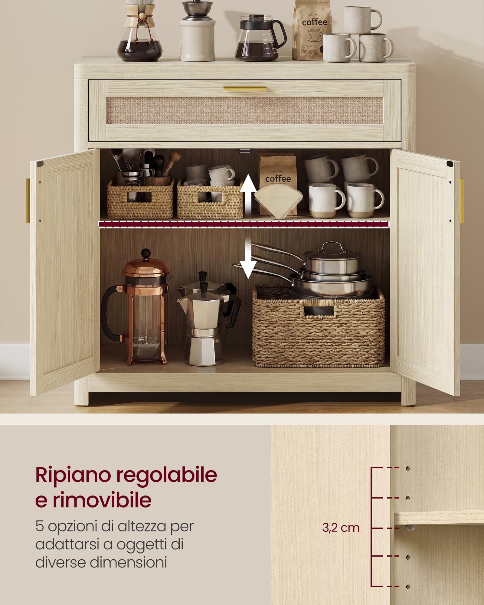 VASAGLE ELLAN Collezione - Credenza in Stile Boho con Ante Effetto Rattan, Mobile da Cucina, Angoli Arrotondati, Ripiano Regolabile, Cassetto, Sala da Pranzo, Beige Naturale BBK601LC01
