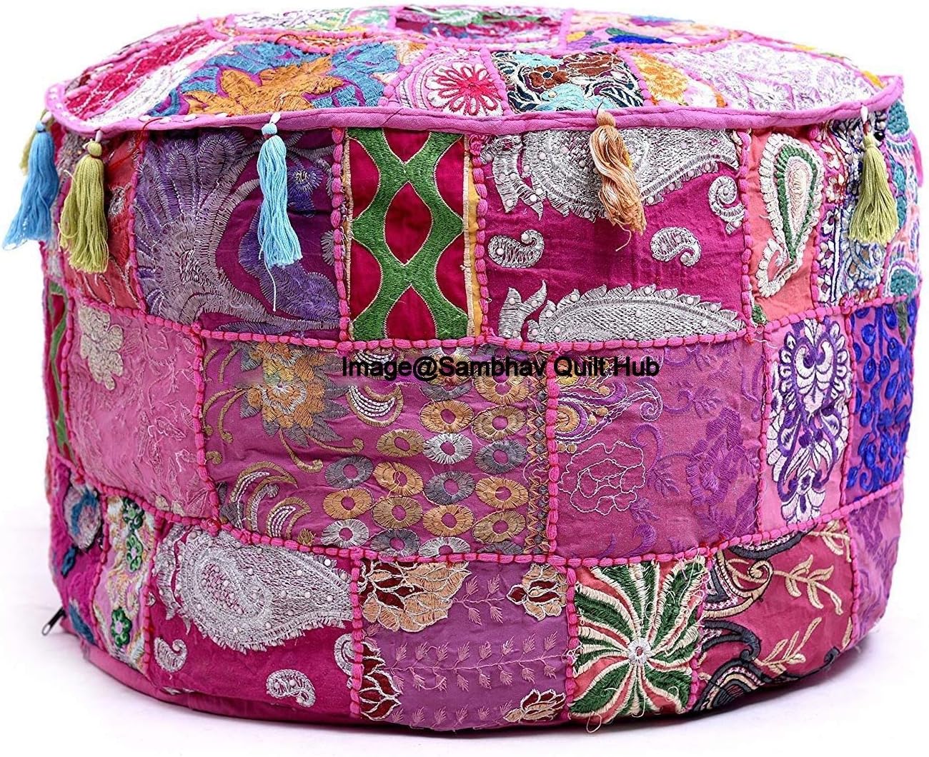 Traditional Indian Multi Patch Embroidery Vintage Cotton Floor Pillow & Cushion Patchwork Bean Bag Chair Cover Boho Bohemian Hand Embroidered Handmade Pouf Ottoman Cover (Purple, 18X13 inch)