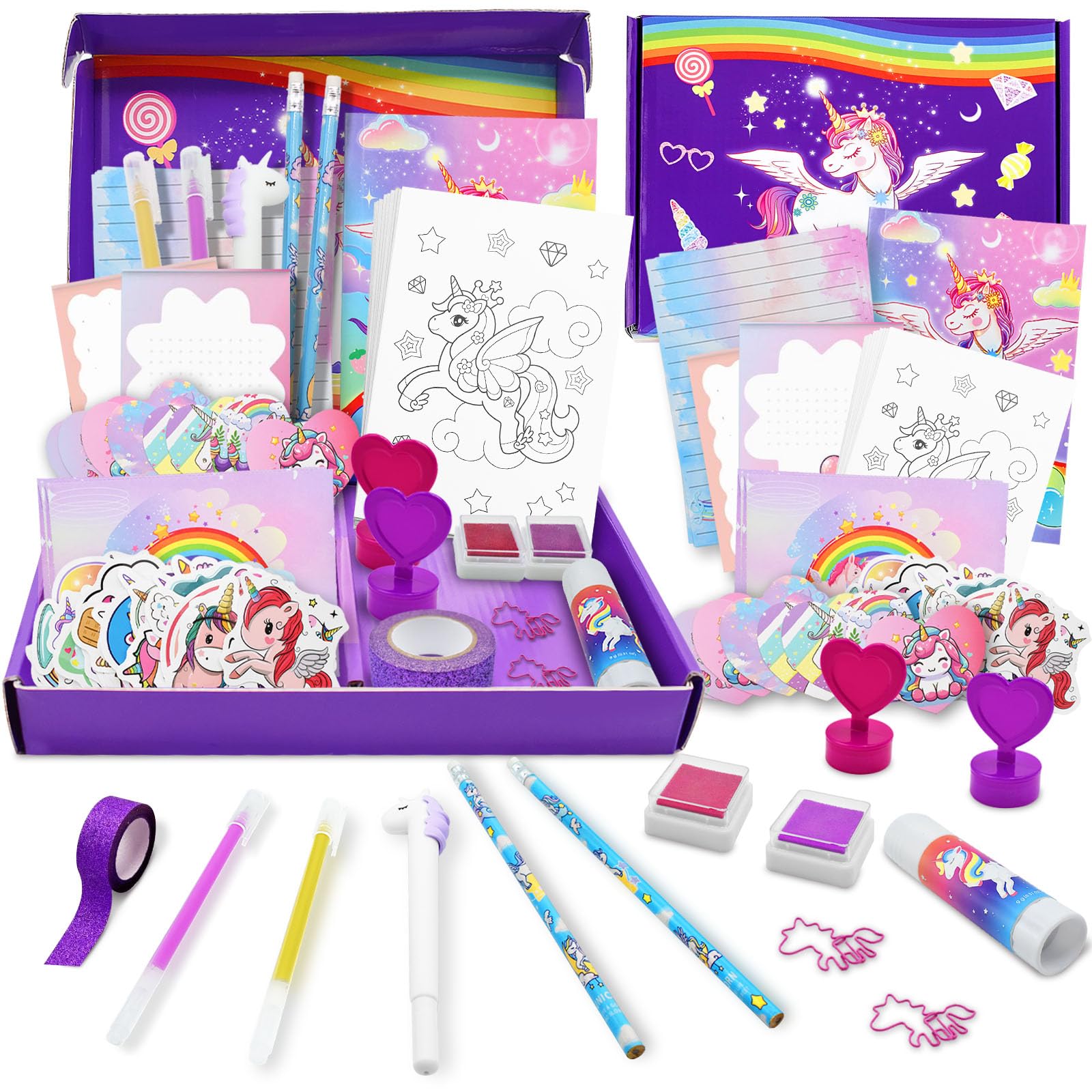 Licorne Ensemble de Papeterie, Cadeau Fille 6 7 8 9 10 11 12 Ans, Journal Intime Fille, Kit Carnet Scrapbooking Enfant, Jeux Creatif, Kit D'écriture, Cadeaux D'anniversaire Noël, 124 Pièces