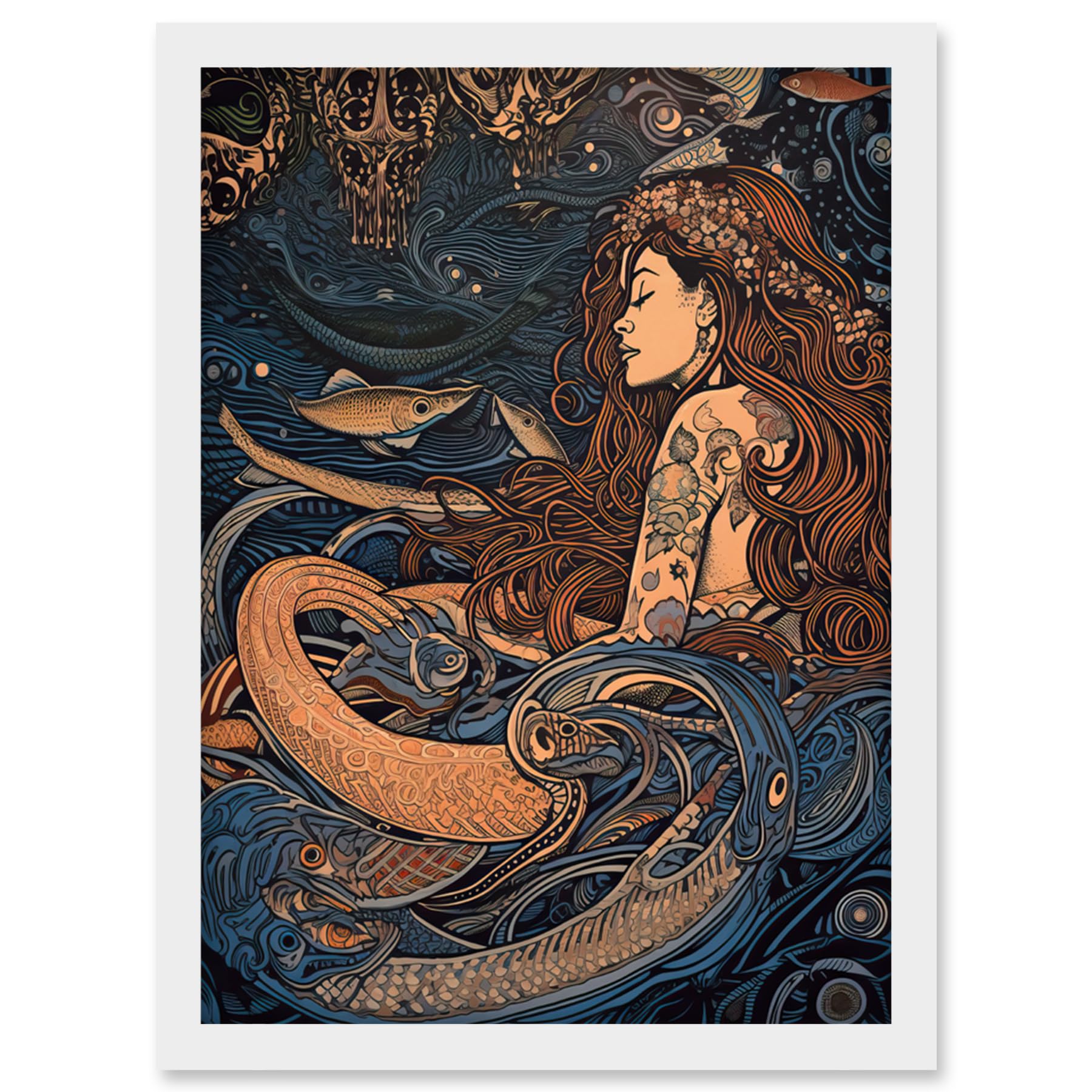 Artery8 Little Mermaid and Aquatic Animals Illustration Artwork Framed Wall Art Print A4
