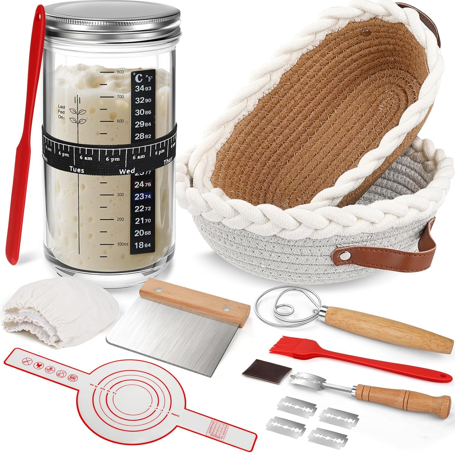 Sourdough Starter Kit Banneton Bread Proofing Basket Set with 32oz Jar, Dough Whisk, Lame & More Cotton Blend Baking Supplies for Sourdough Bread