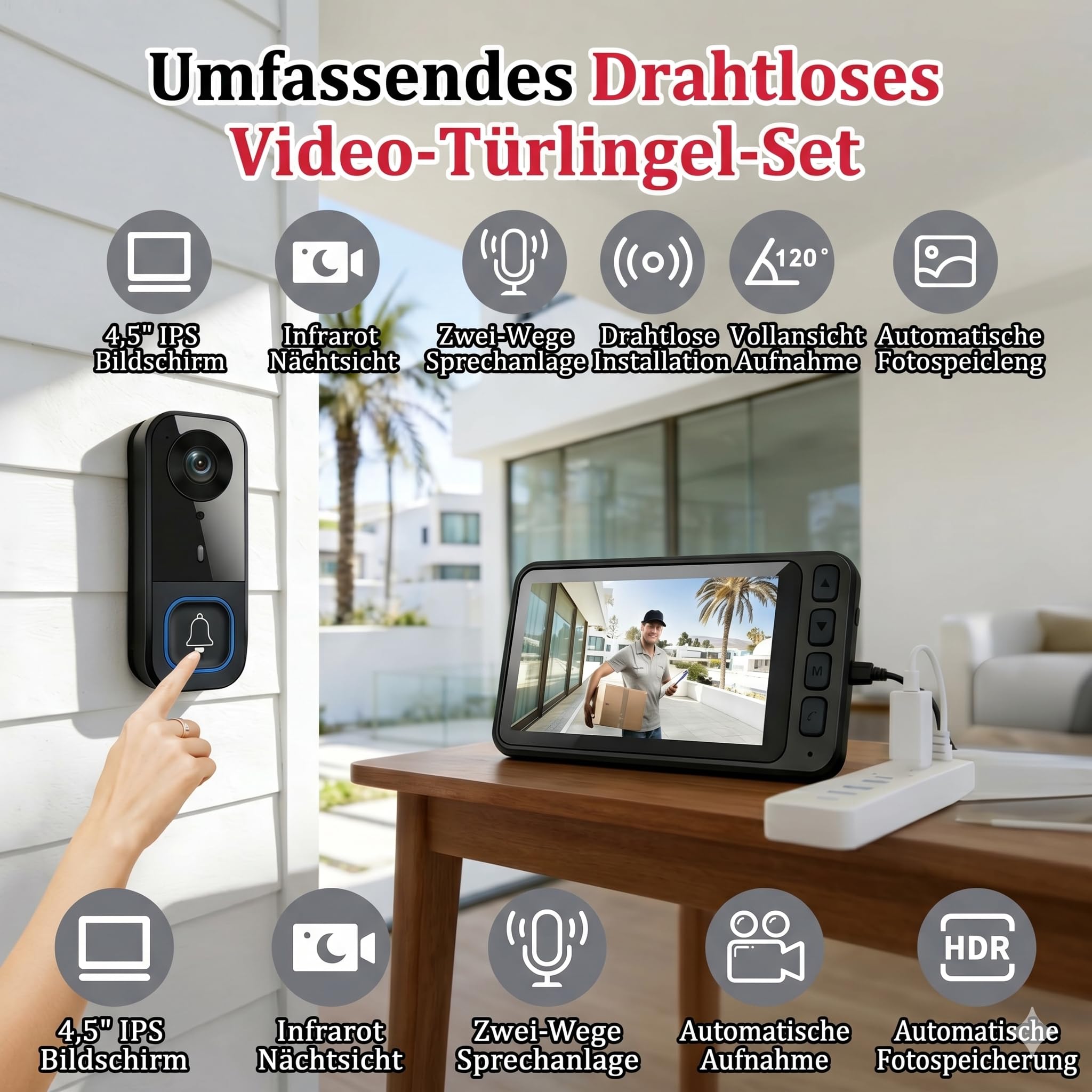 Video Türklingel mit Kamera Drahtlos, Funkklingel mit Kamera und Monitor, Türsprechanlage 4,5" IPS Bildschirm, 2,4GHz Verbindung, IP65 Wasserdicht, Nachtsicht, Gegensprechanlage, Ohne WLAN Ohne App