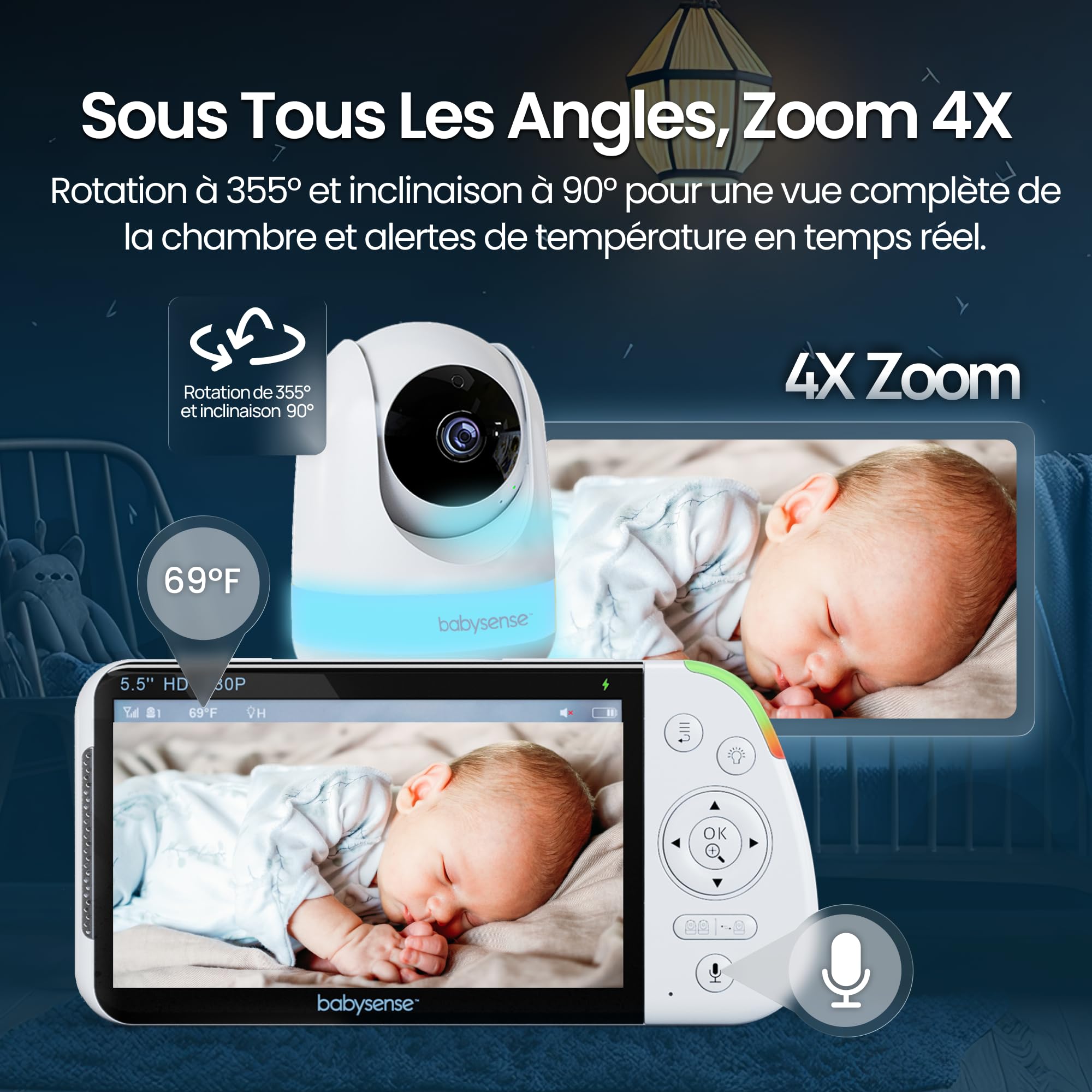 Babysense - Moniteur bébé Full HD écran partagé - Avec 2 caméras - Veilleuse en 6 couleurs - Bruit et machine à lumière - Batterie de 20 heures - Connexion sécurisée sans WiFi