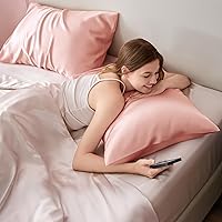 Vista 8 de Bedsure Funda de almohada de satén para cabello y piel Queen, funda de almohada sedosa rosa melocotón, paquete de 2 con cierre de sobre, similar a