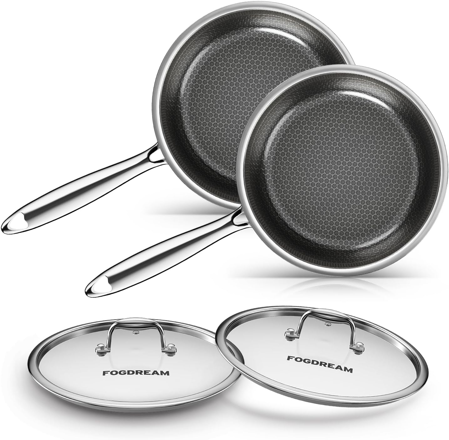 FogDream 2 Pcs Non Stick Frying Pans with Lids, 10 & 11 Inch Stainless Steel Skillets, Tri-Ply Stainless Steel for All Cooktops, Dishwasher & Oven-Safe Cooking Pan, Stay-Cool Handle, Silver