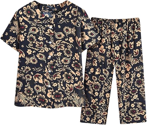 Yooshoverk Conjunto dos piezas Verano Mujer cárdigan botones estampados Mangas Pantalones conjunto 2 uds Clothing