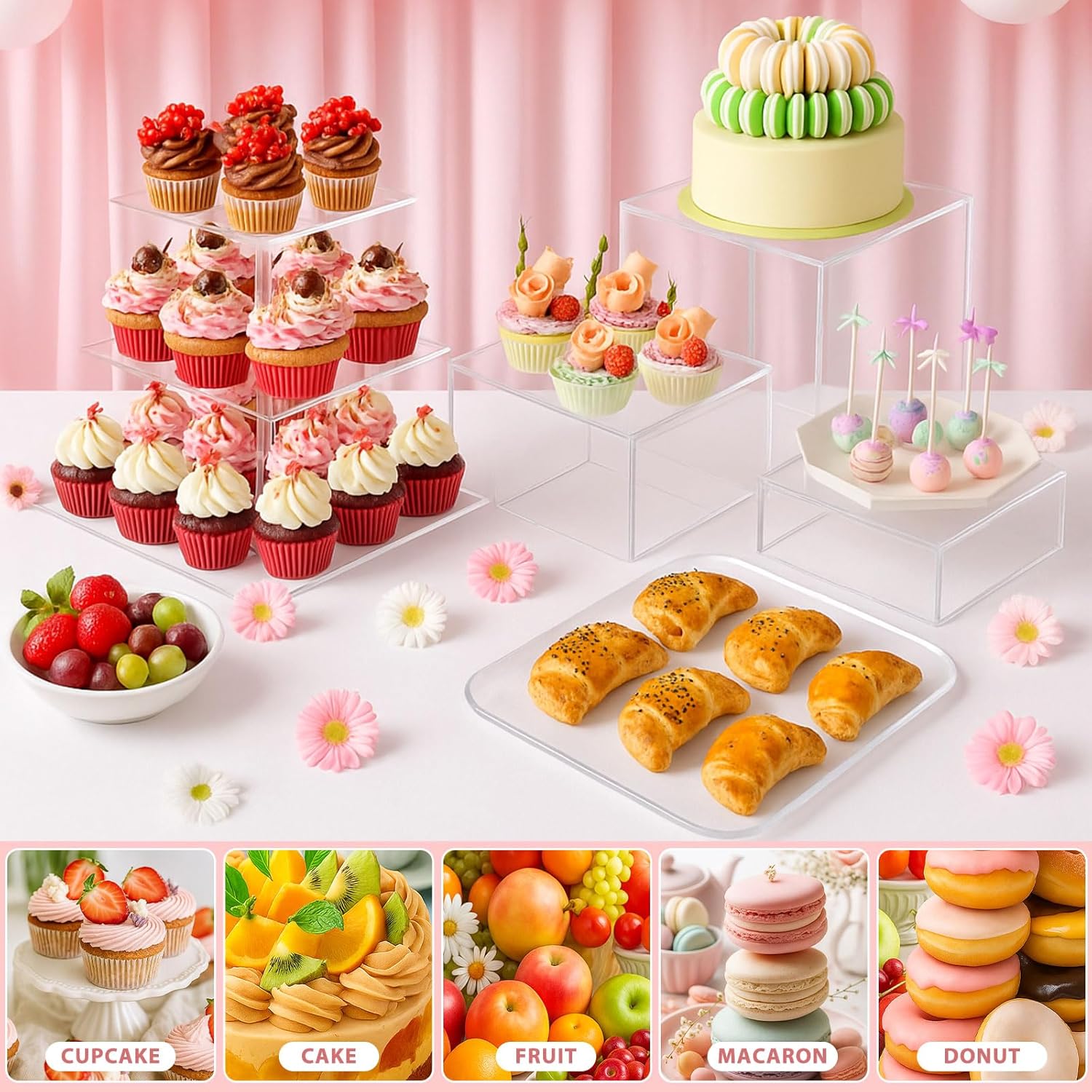 Ripeng 11 Pack Dessert Table Display Set Risers Display Stands, 3 Pcs Buffet Risers, 4 Tier Dessert Stands, 2 Serving Trays, 3 Mini Signs and 2 Serving Tongs for Christmas Birthday Party