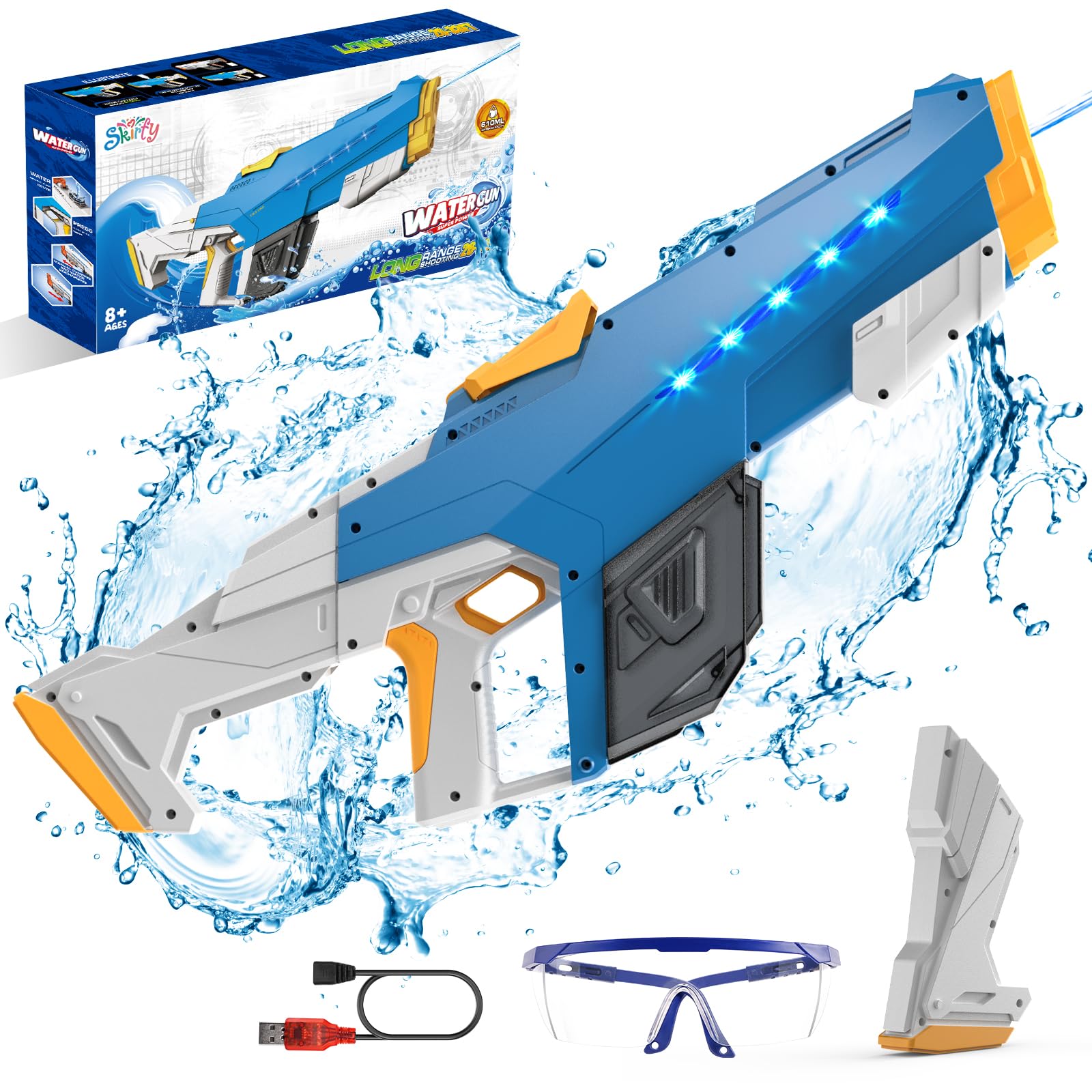 Skirfy Electric Water Gun for Adult Kids, Outdoor Automatic Water Suction Water Toys Squirt 32 FT Range, Water Guns Summer Beach Pool Lawn Party Games（Blue）