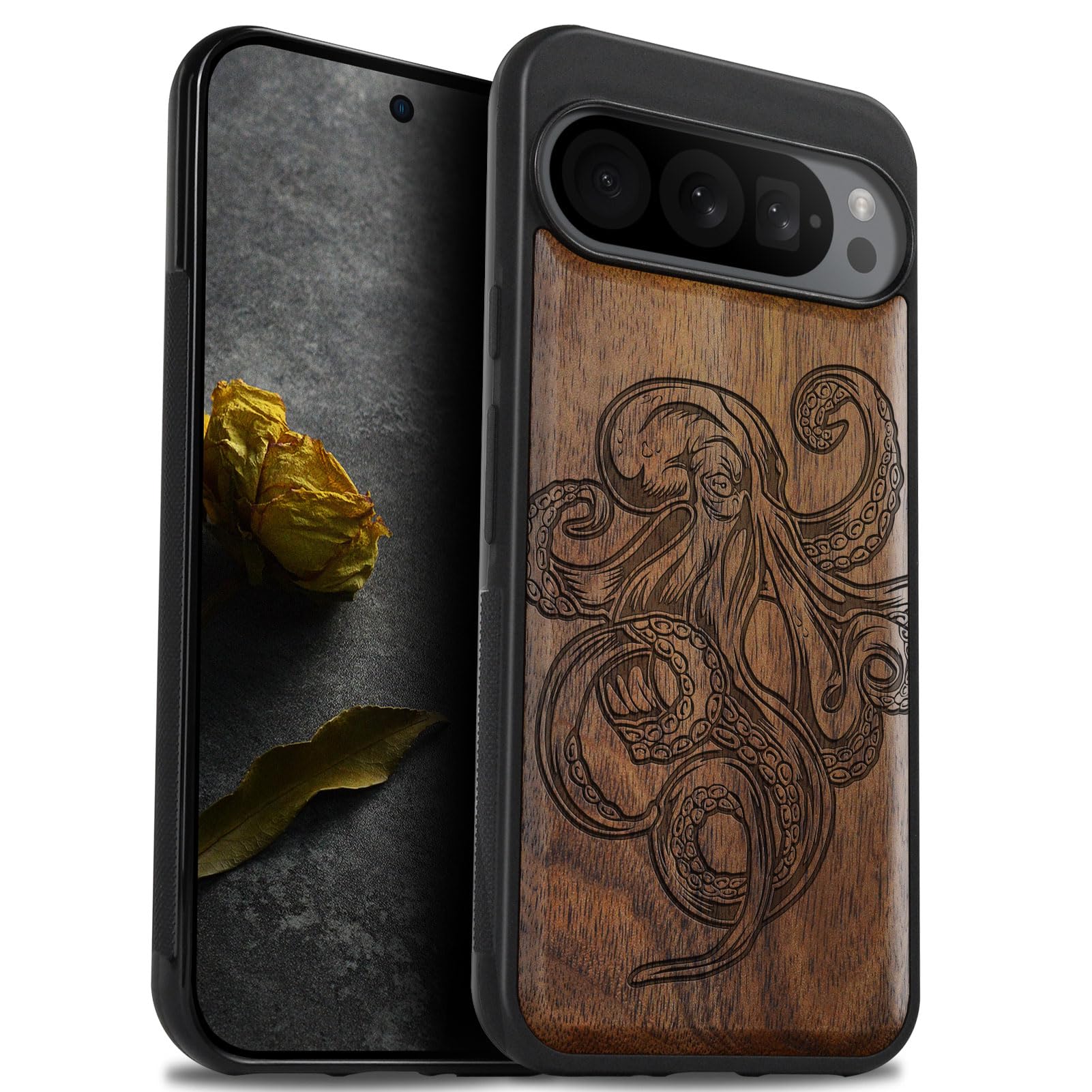 Carveit Wood Case for Google Pixel 9 Pro XL, Natural Wood & Black Soft TPU, Shockproof Protective Cover, Unique Wooden Case