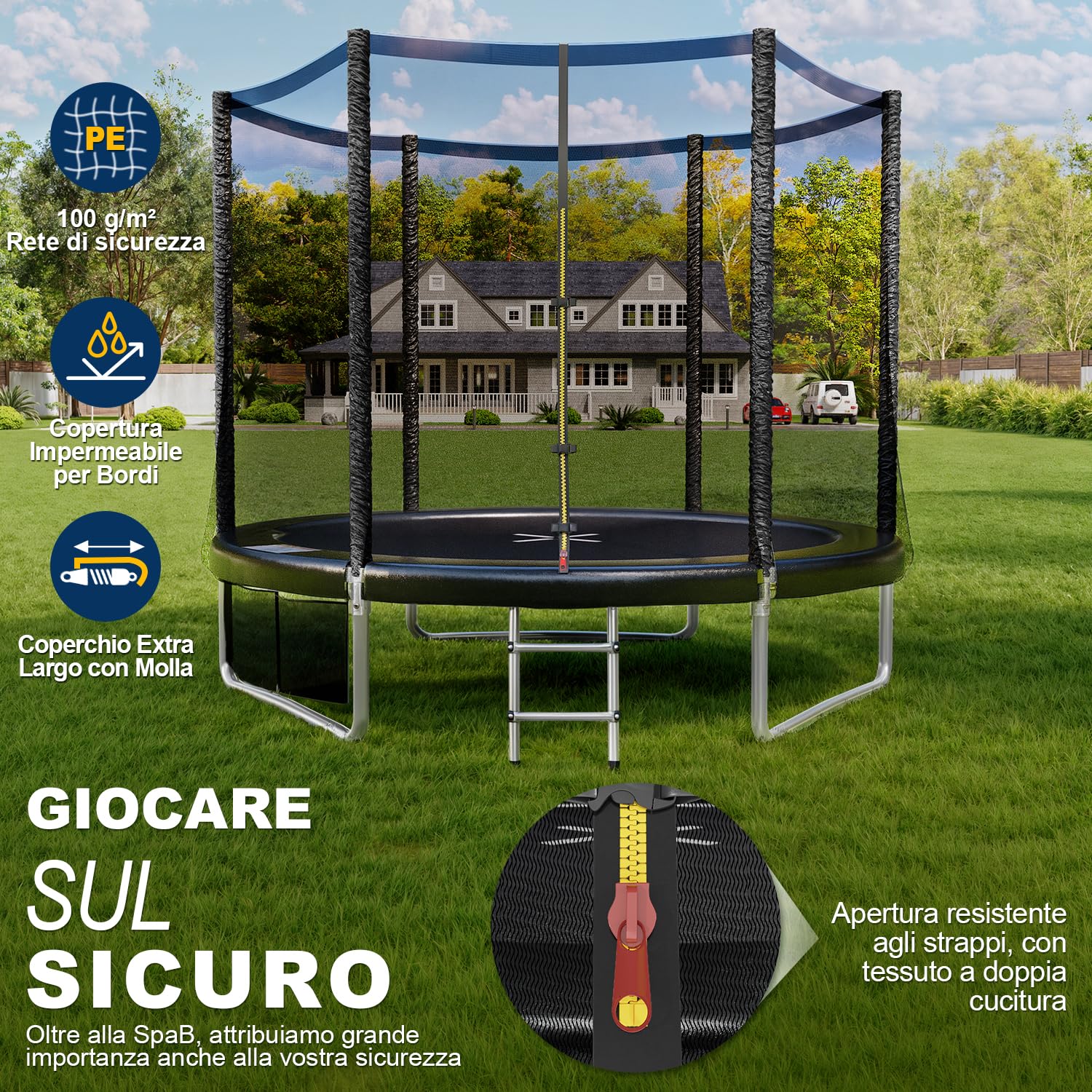 Trampolino Rotondo da Giardino 183/244/305/366/427 cm Trampolino Elastico per Adulti e Bambini Tappeto Elastico da Giardino di Diametro con Rete di Sicurezza, Scala e Barre Imbottite, Esterno