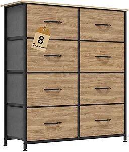 DWVO Dresser with 8 Drawers - Fabric Storage Tower, Organizer Unit for Bedroom, Hallway, Closets - Sturdy Steel Frame, Wooden Top & Easy Pull Fabric Bins (Burlywood Grain)