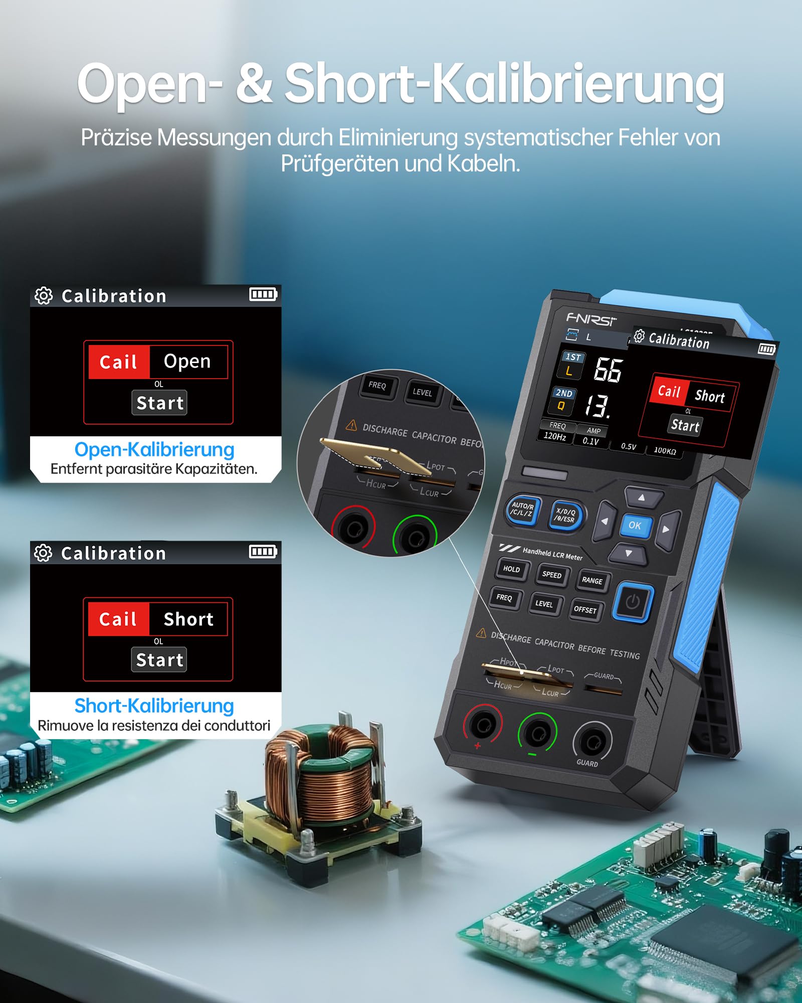 FNIRSI LC1020E 100kHz LCR-Meter, 19999 Counts Widerstands-Induktivitäts-Kondensatortester, Auto Bauteilerkennung, Misst ESR/Q/D/θ/X, Doppelparameteranzeige, Sortierung & offen/Kurzschlusskalibrierung