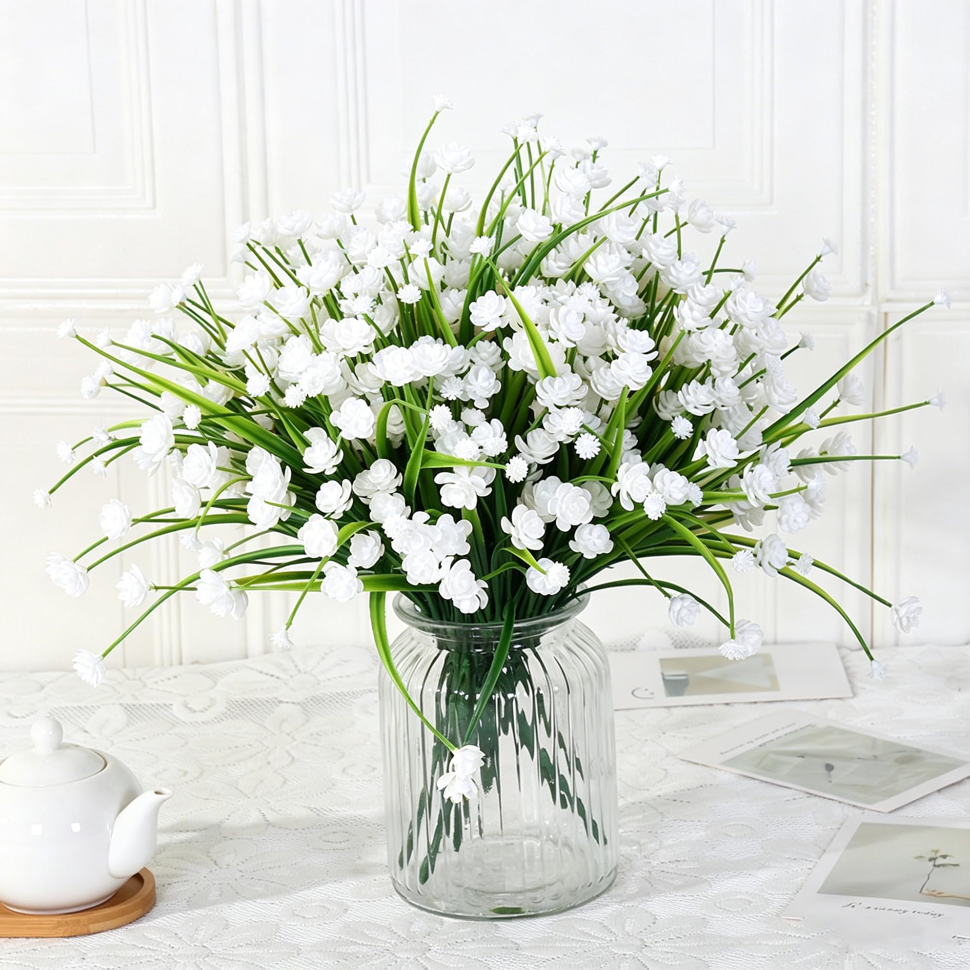 binandteam 8 Bundles Artificial Flowers (6 Bundles Flower + 2 Greenery Grass), 70 Stems Bendable Faux Plants for Outdoor & Indoor Decor, Garden, Porch, Planters,Vibrant & No Fade - White