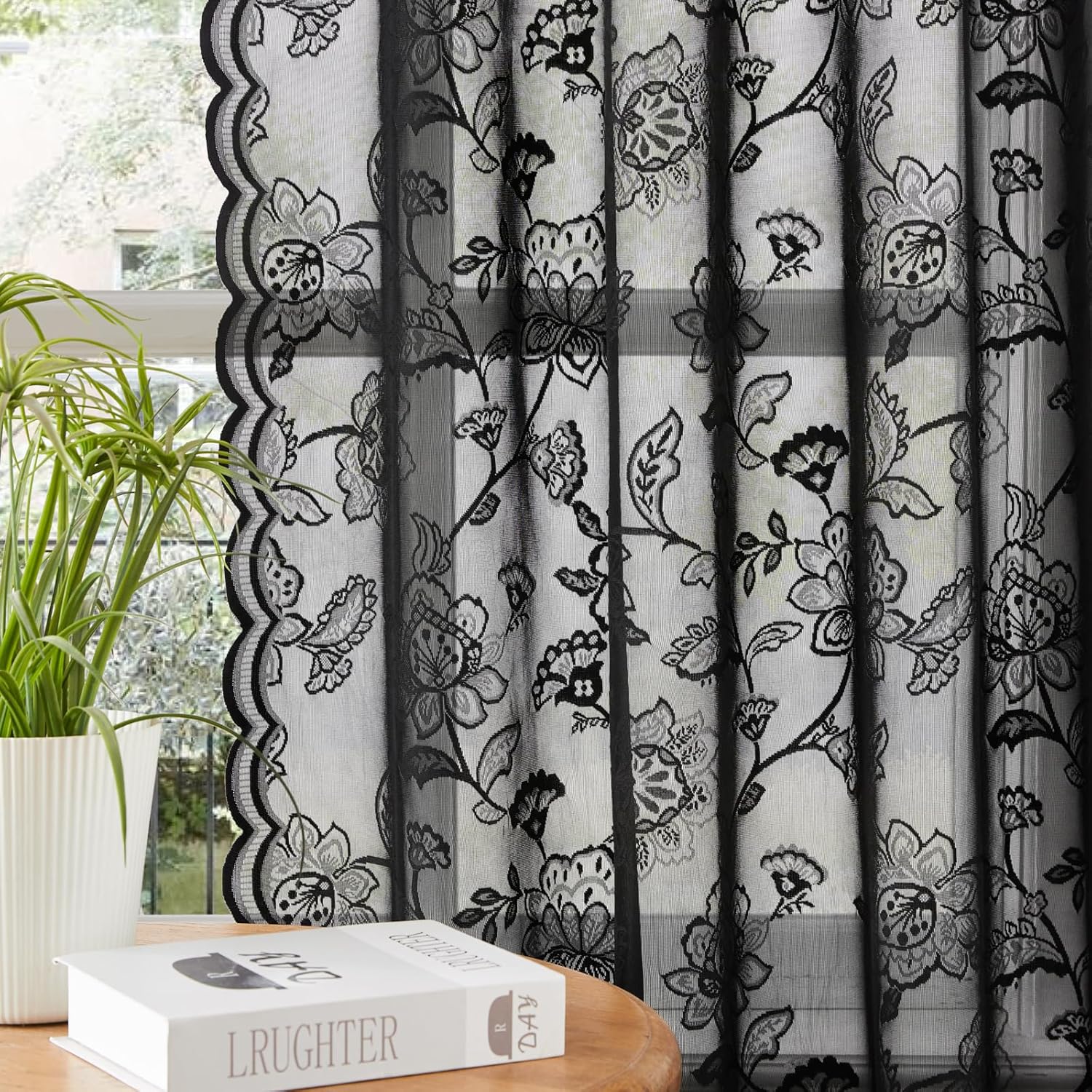SEEKRIGHT Black Lace Curtains 84 Inches Long Sheer Floral Curtains for Living Room Bedroom Rod Pocket Light Filtering Vintage Lotus Leaf Lace Fabric Curtain for Dining Room Neutral Goth Decor, 52x84