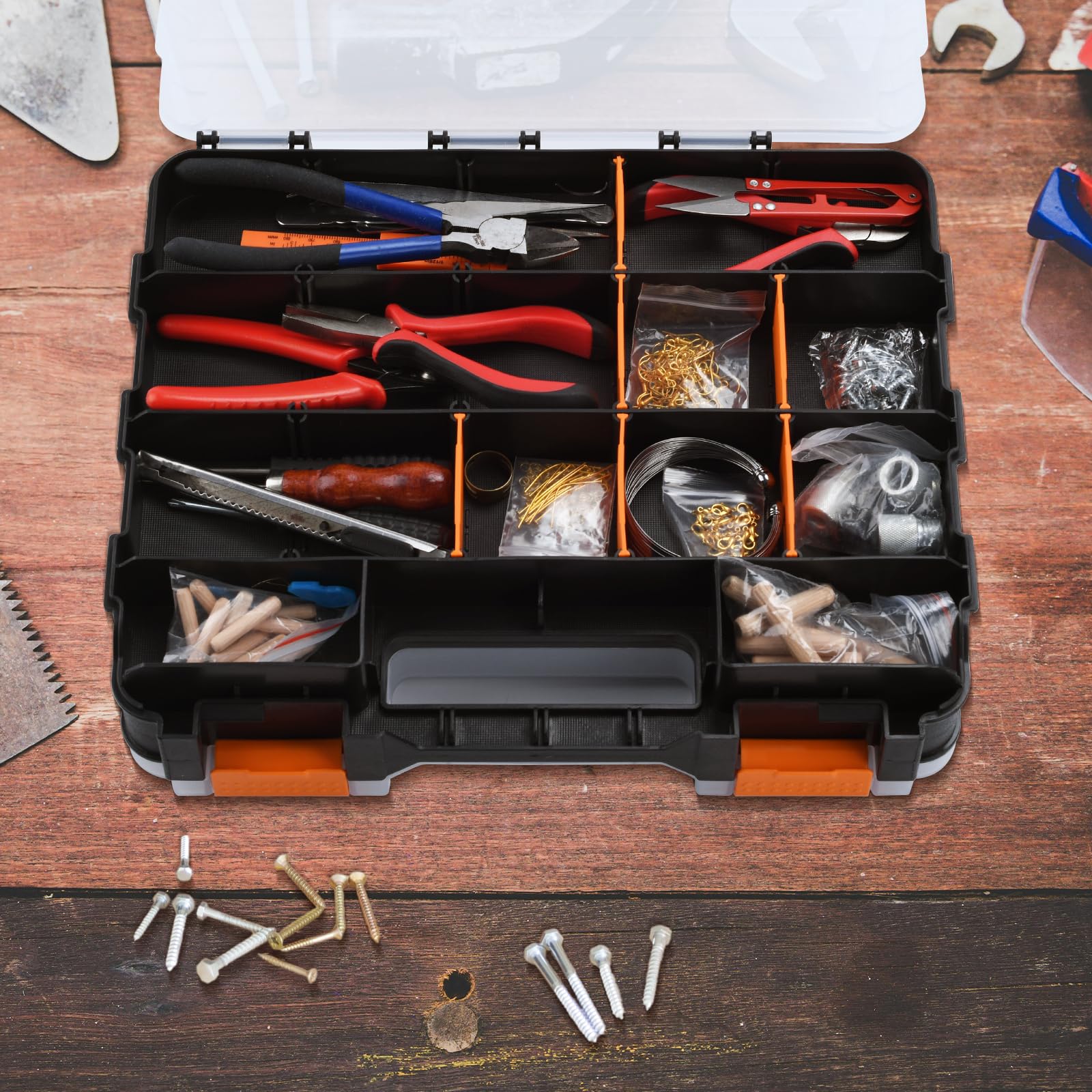 Set di 2 scatole per attrezzi grandi a doppio lato, piccole scatole per attrezzi multiuso con chiodi e viti con divisori in plastica rimovibili per chiodi, bulloni, viti, perline, artigianato
