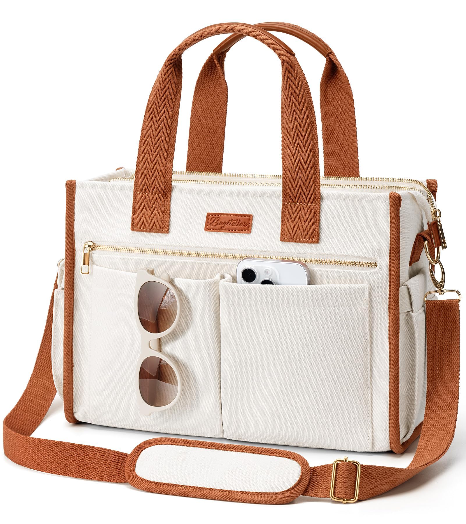 Canvas Tote Bag for Women, 15-Pockets Work Laptop Tote Purse Large Crossbody Nurse Teacher Bible Bag for School Travel Daily