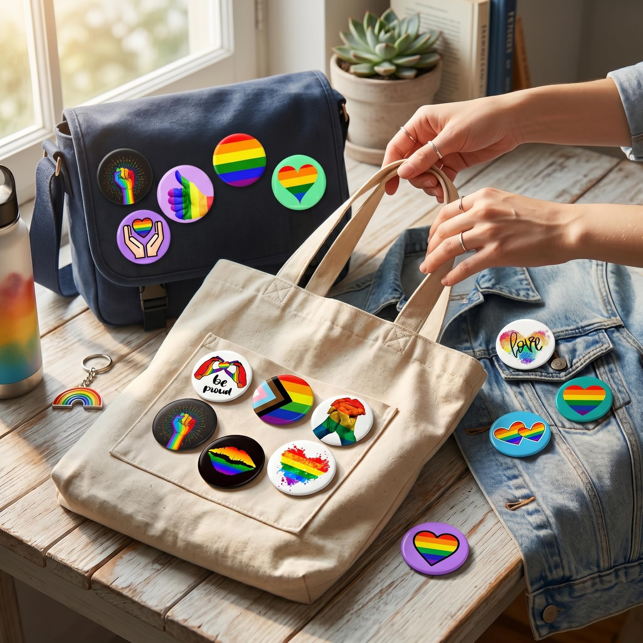 Insignias Orgullo Arcoíris 16 Piezas 44MM, Chapas LGBTQ con Puño Arcoíris, Pines Acero Inoxidable