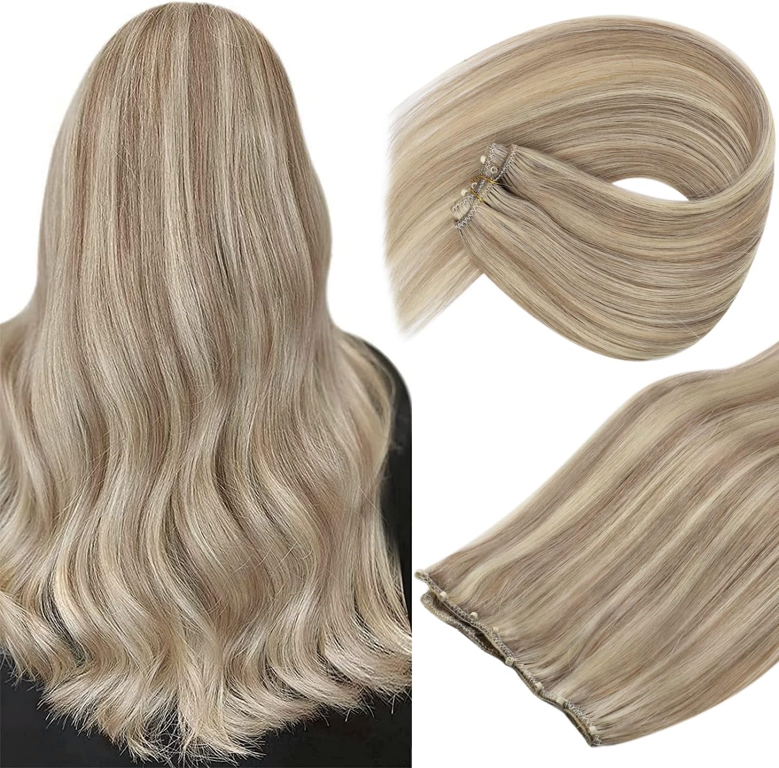 Sunny Microbead Weft Hair Extensions Blonde EZ Weft Human Hair Extensions Highlight Dark Ash Blonde Mix Light Blonde Beads in Weft Extensions Easy Weft Extensions 22inch 50g