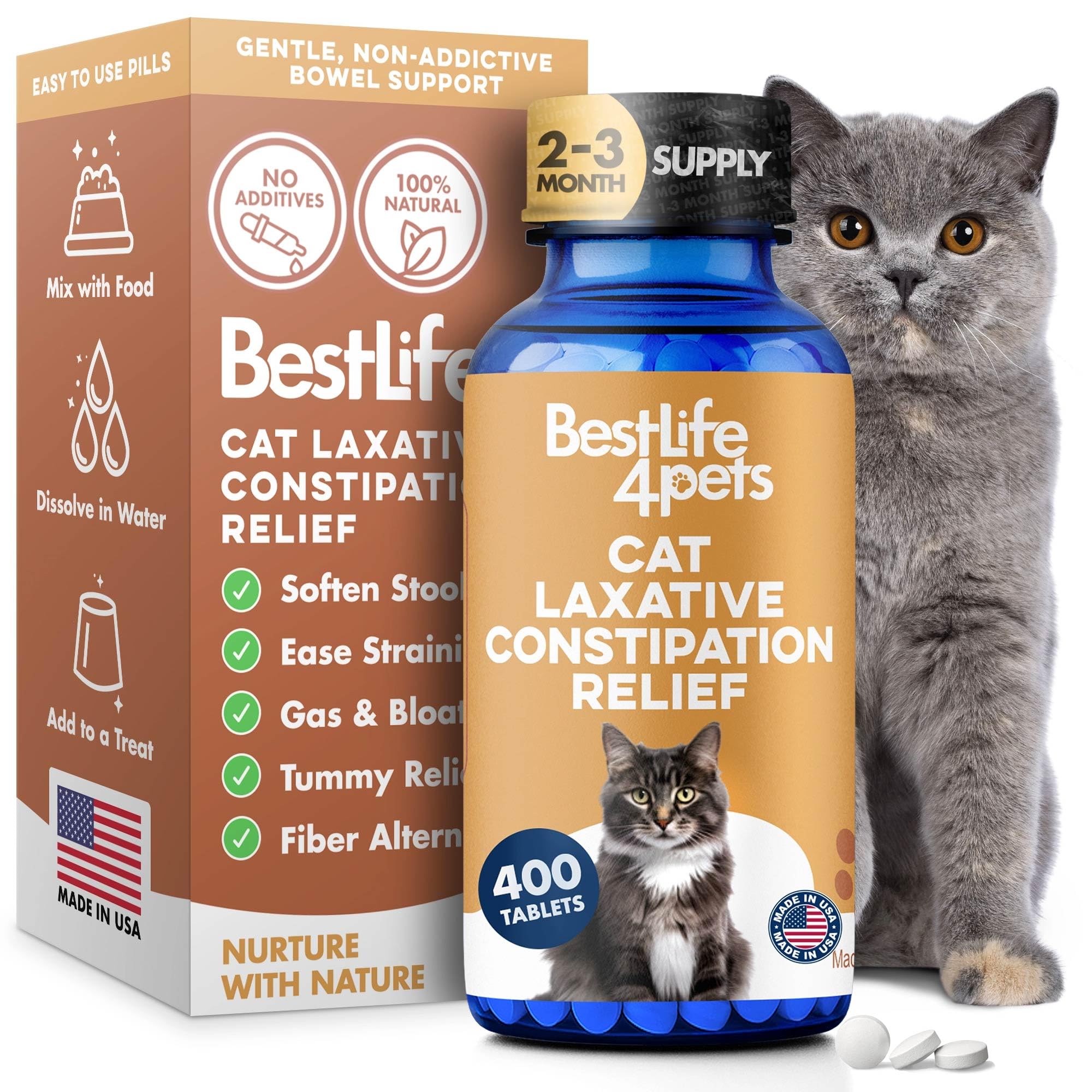 Cat Laxative Constipation Relief for Cats, Natural Stool Softener Support, Odorless Pills for Cat Constipation Relief, Promotes Regular Bowel Movement & Digestive Comfort, Easy Dosing (400 Pills)