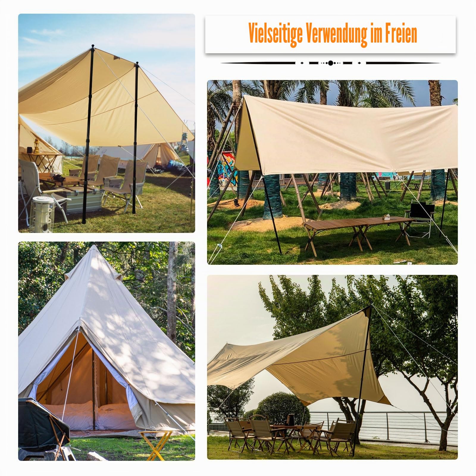 Teleskopstange Camping Zeltstangen Teleskop Stangen für Sonnensegel, Einstellbare 0.8-2.3m Aluminium Tarp Sonnensegel Stangen Pfosten Set Tarpstangen Markise Stangen inkl. Heringe, Schnüre und Tasche