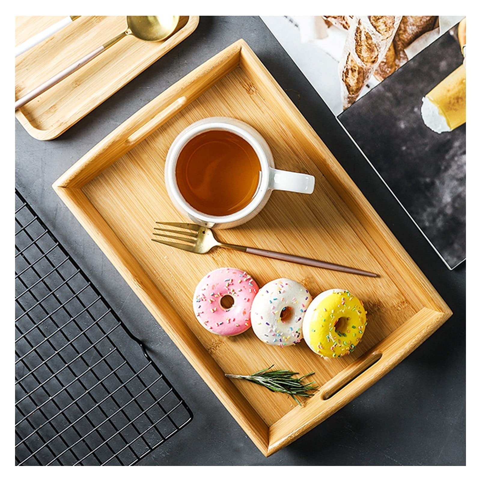 Bandeja Bandeja de servir y plato, placa de senderos de madera rectangular con bandeja de bocadillos de mango, bandeja de desayuno, decoración de granja con estilo Sirviendo platos Bandejas para Servi