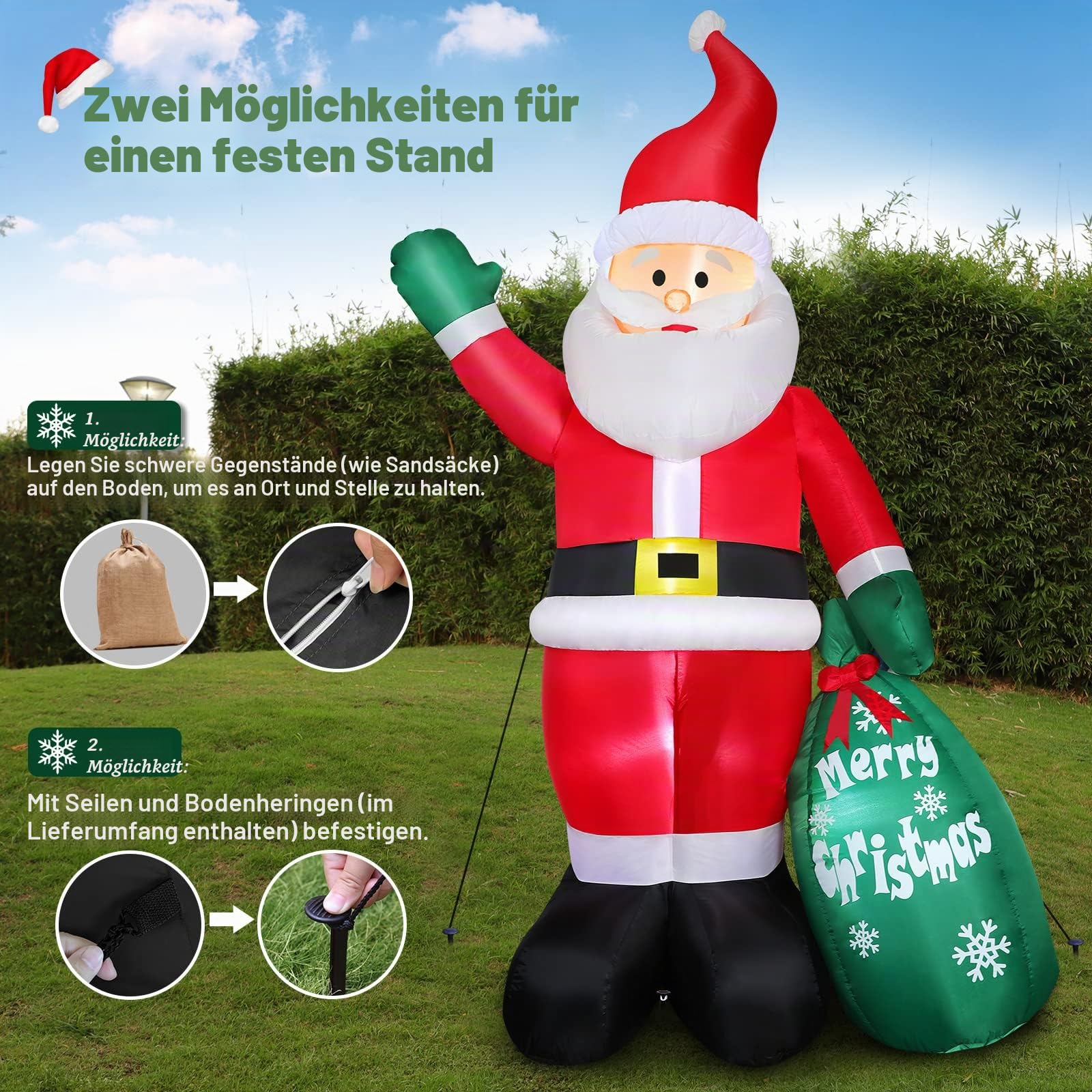 Aufblasbarer Weihnachtsmann 240CM mit LED Beleuchtung, Weihnachtsdeko Christmas Santa mit Grünetüte, IP44 Wetterfest Riesen Figur Nikolaus Santa, Innen Draußen Beleuchtung Deko für Garten Rasen Hof